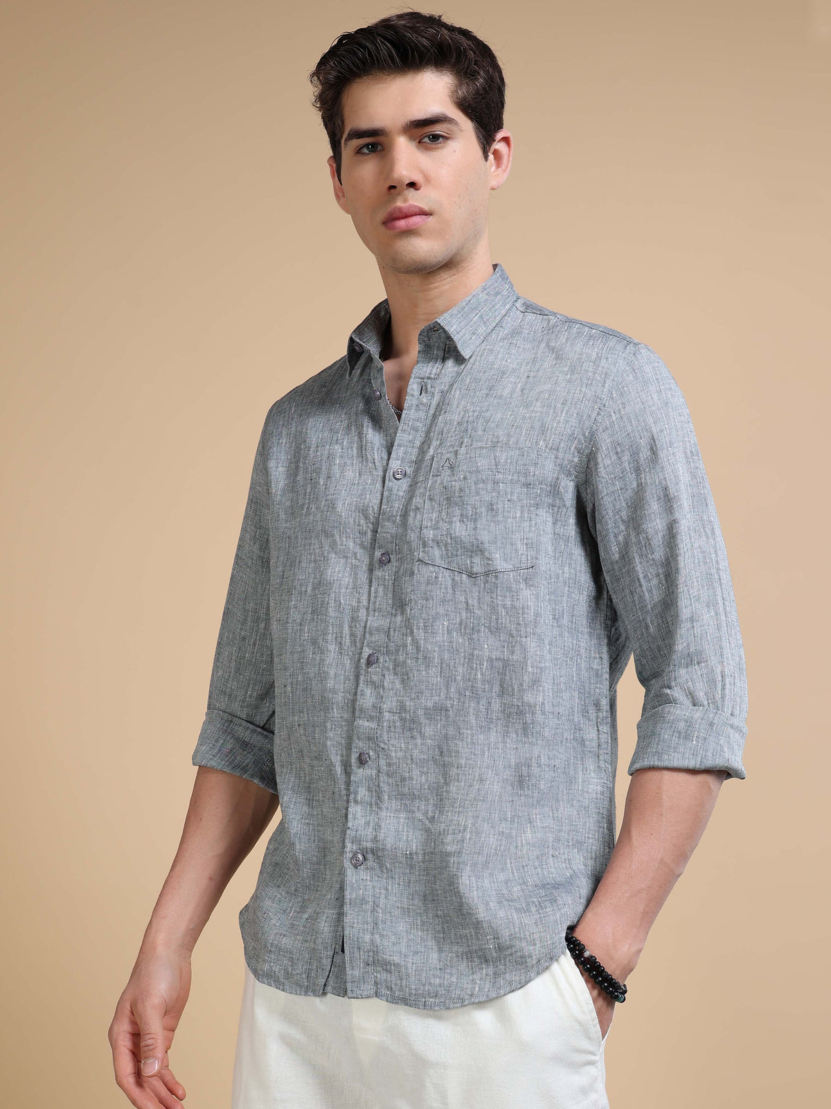 MEN'S LT.BLACK SOLID SLIM FIT LINEN SHIRT
