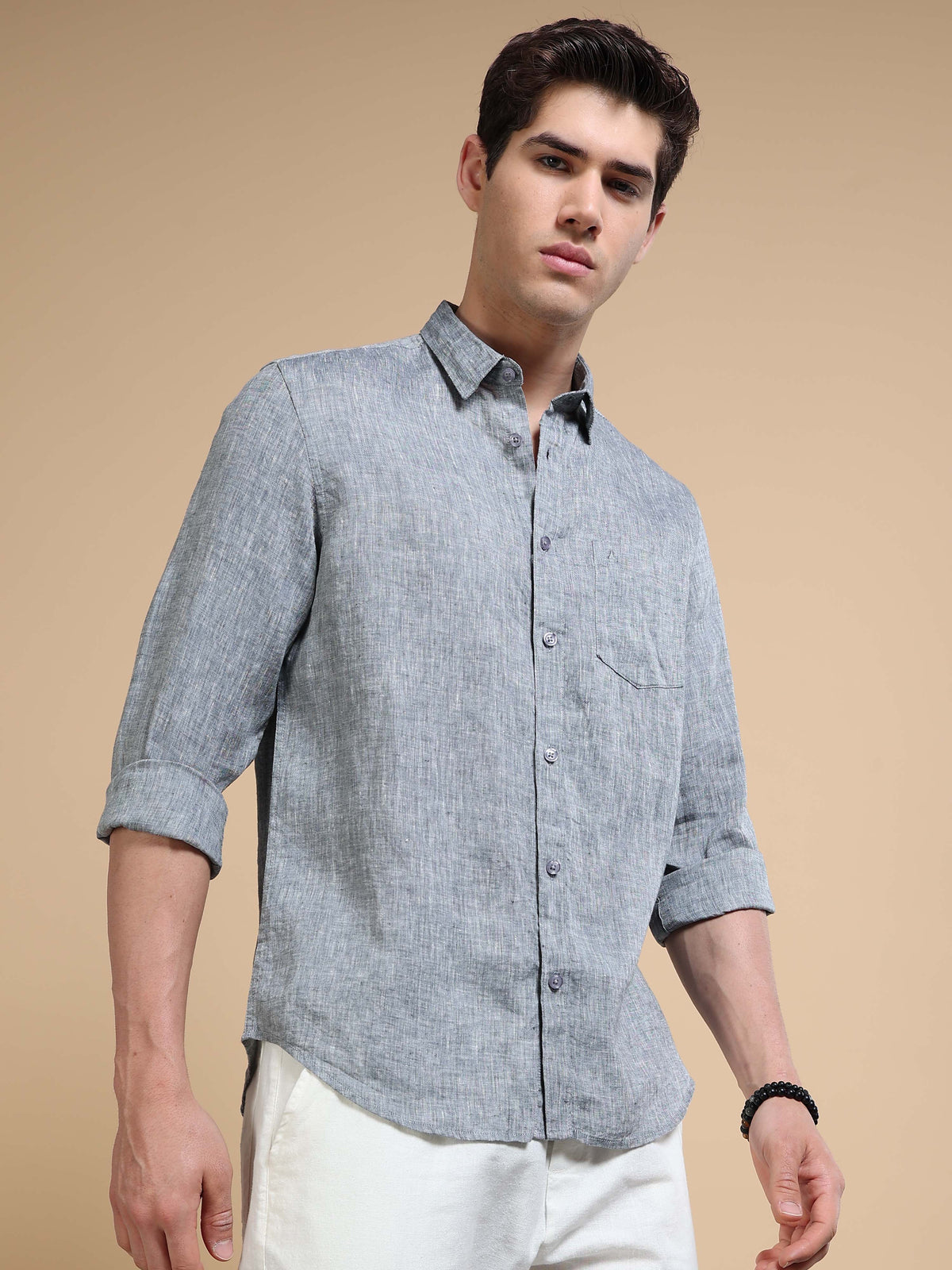 MEN'S LT.BLACK SOLID SLIM FIT LINEN SHIRT