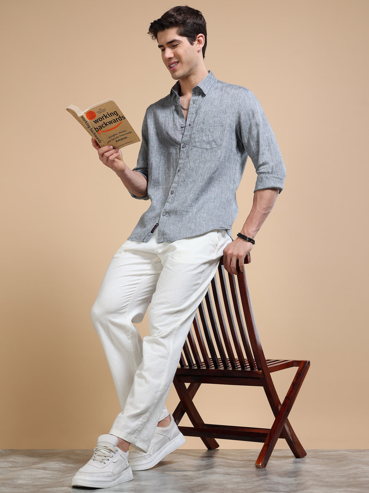 MEN'S LT.BLACK SOLID SLIM FIT LINEN SHIRT