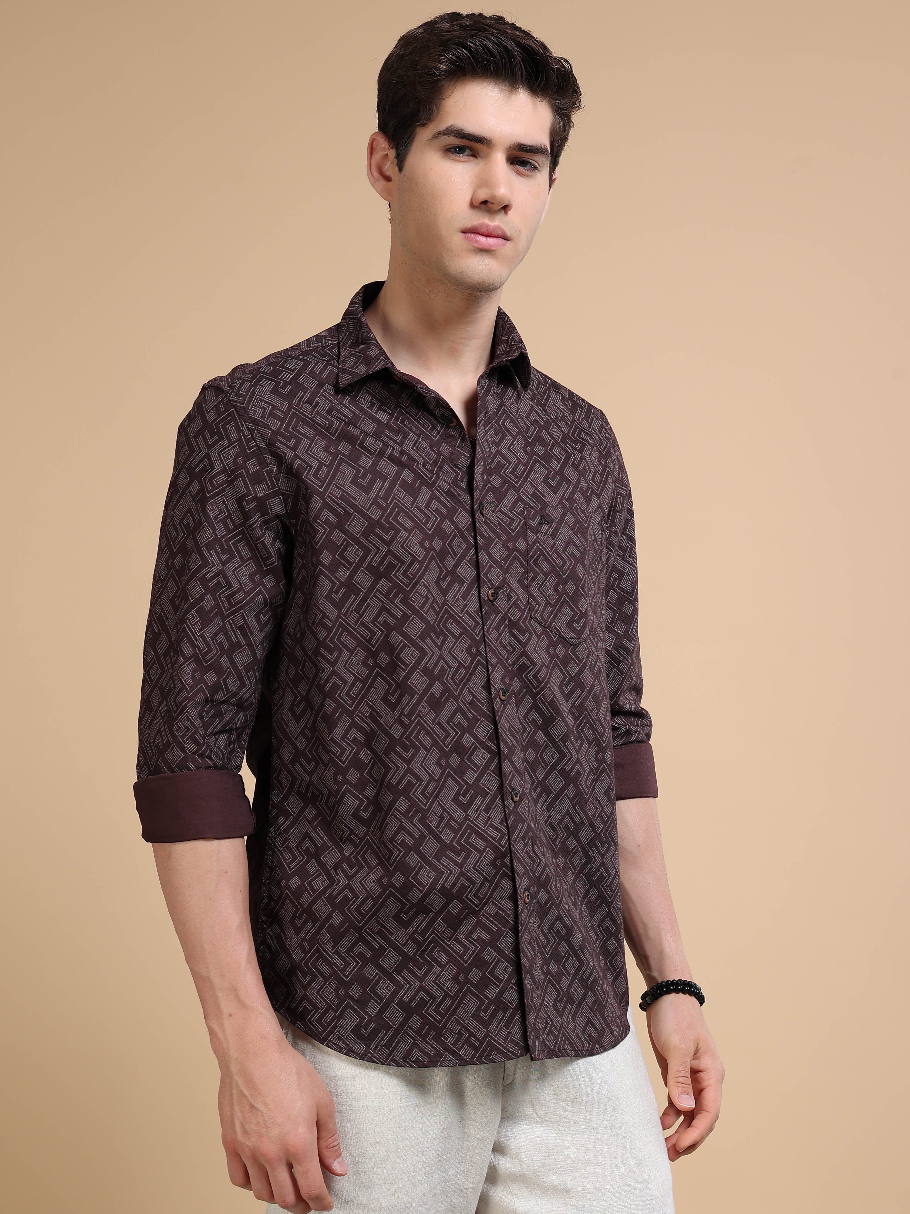 MEN'S BROWN PRINT SLIM FIT SHIRT