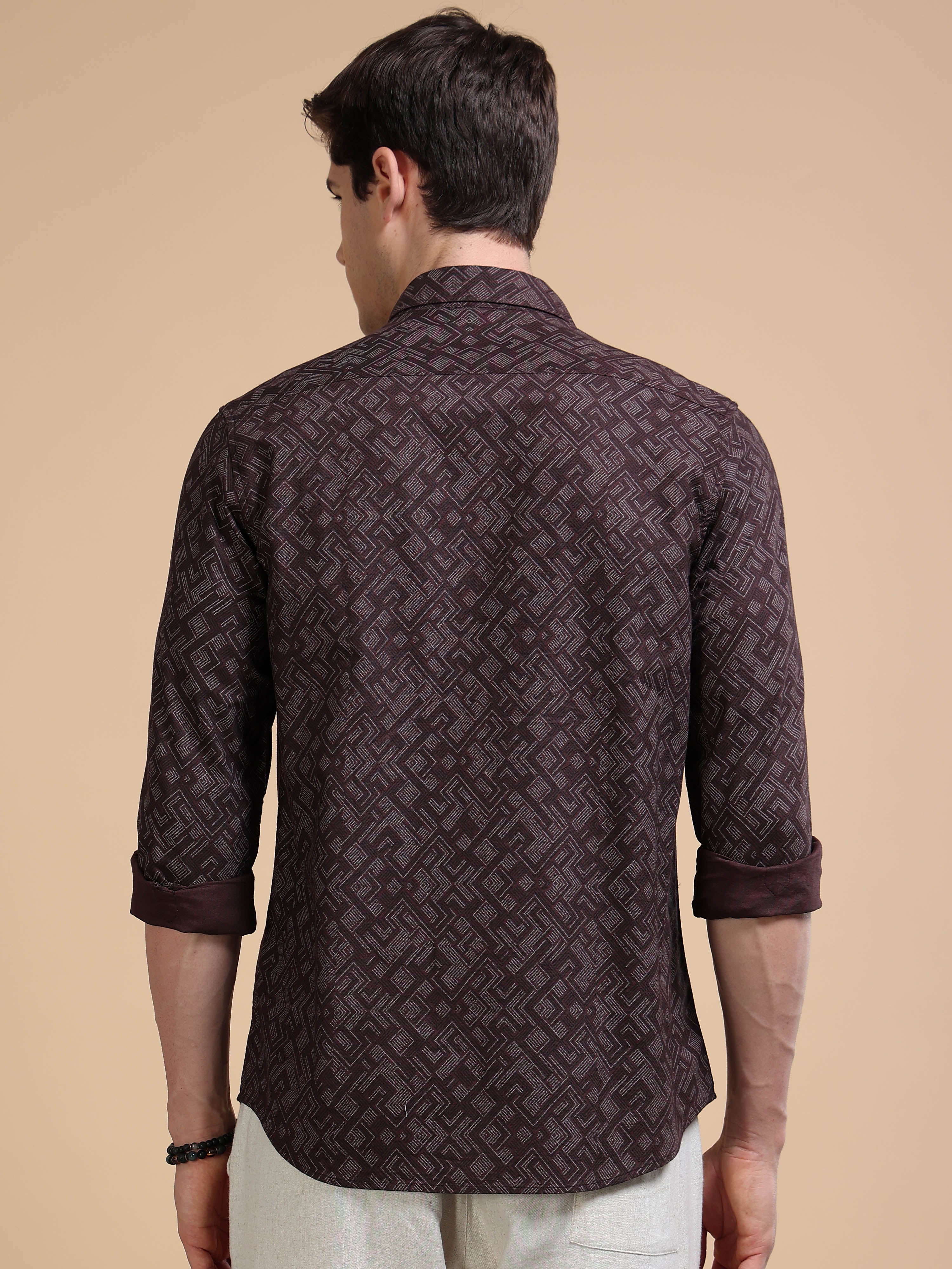 MEN'S BROWN PRINT SLIM FIT SHIRT
