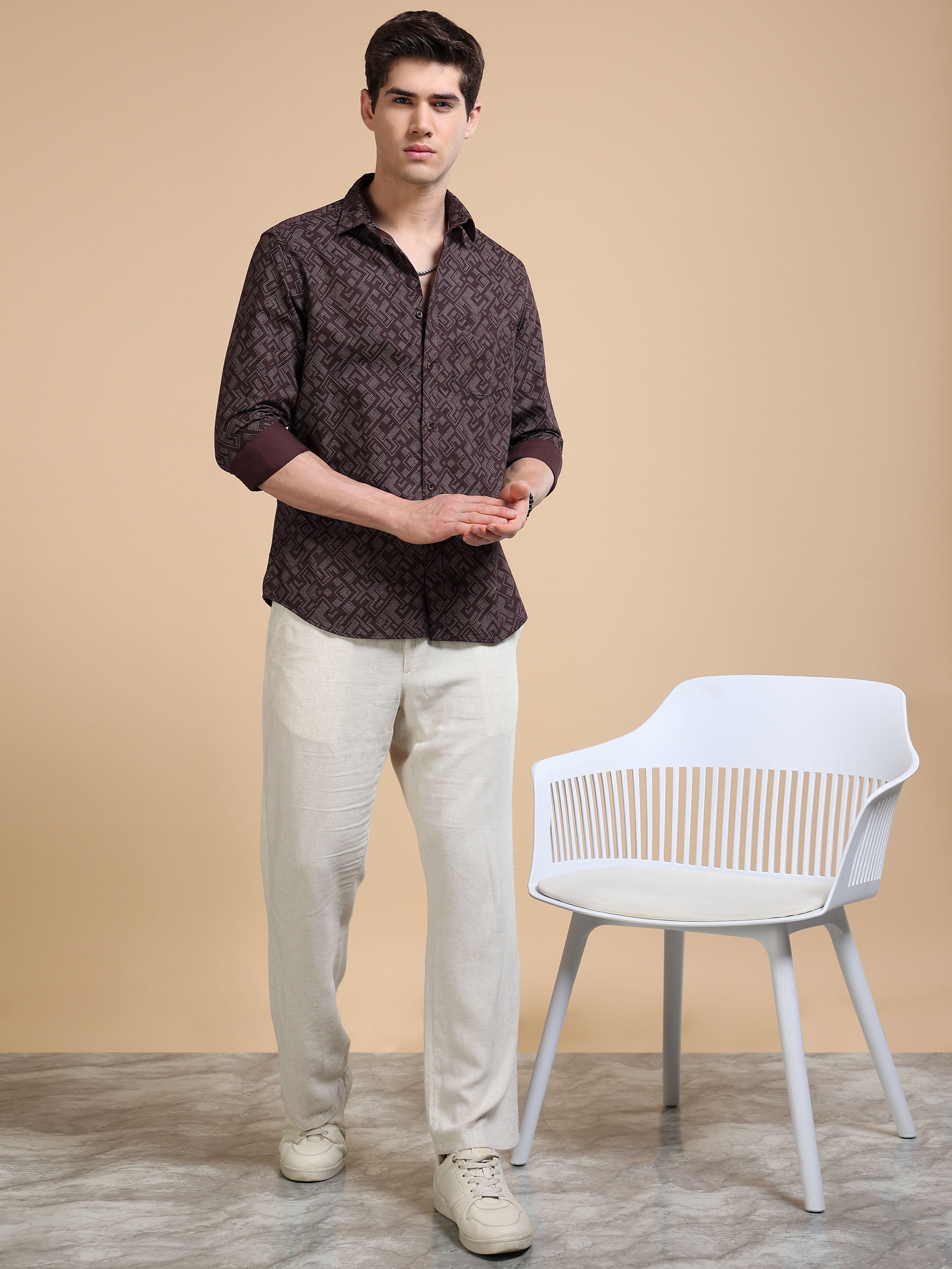 MEN'S BROWN PRINT SLIM FIT SHIRT