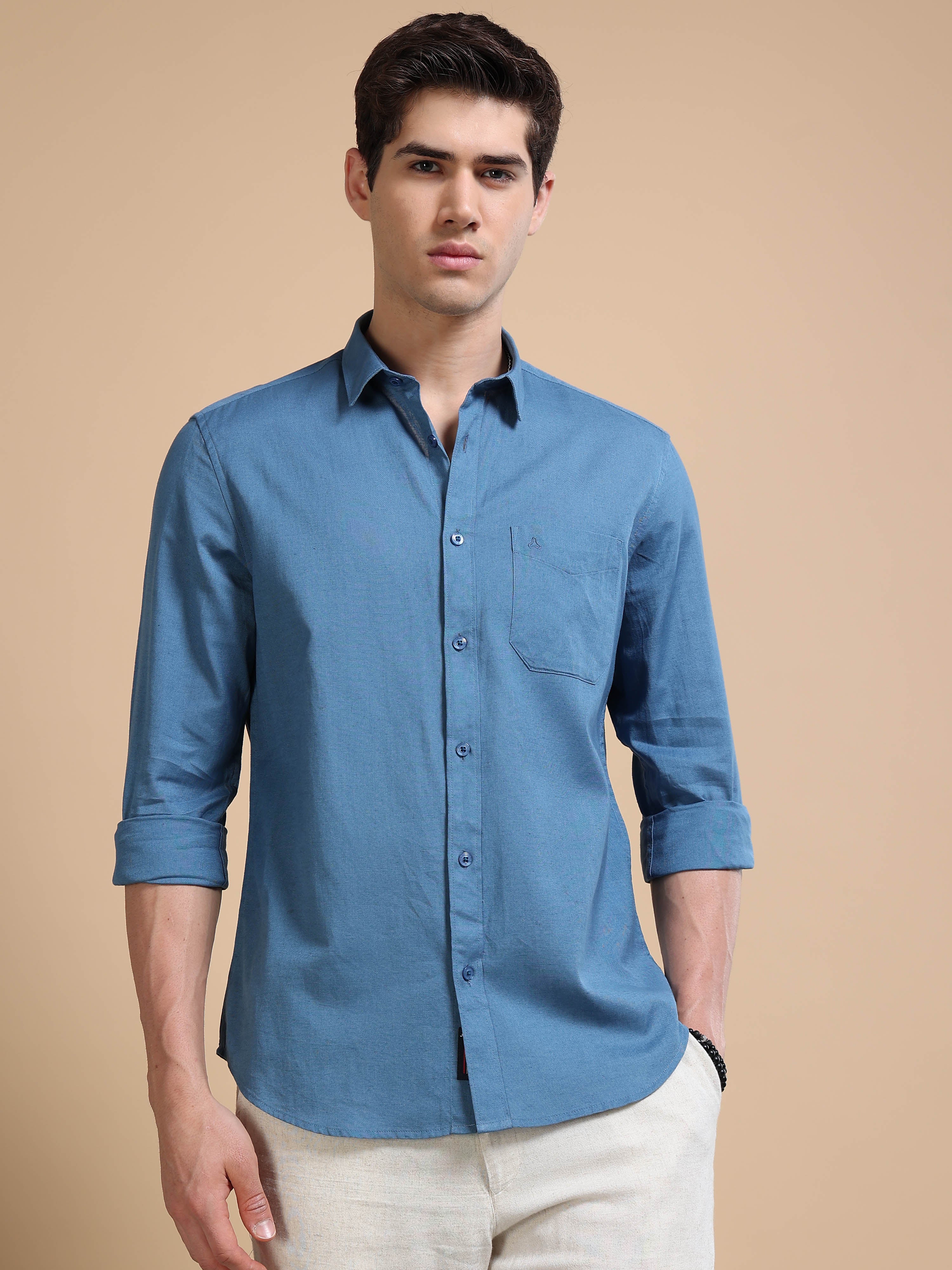 MEN'S STEEL BLUE SOLID SLIM FIT SHIRT
