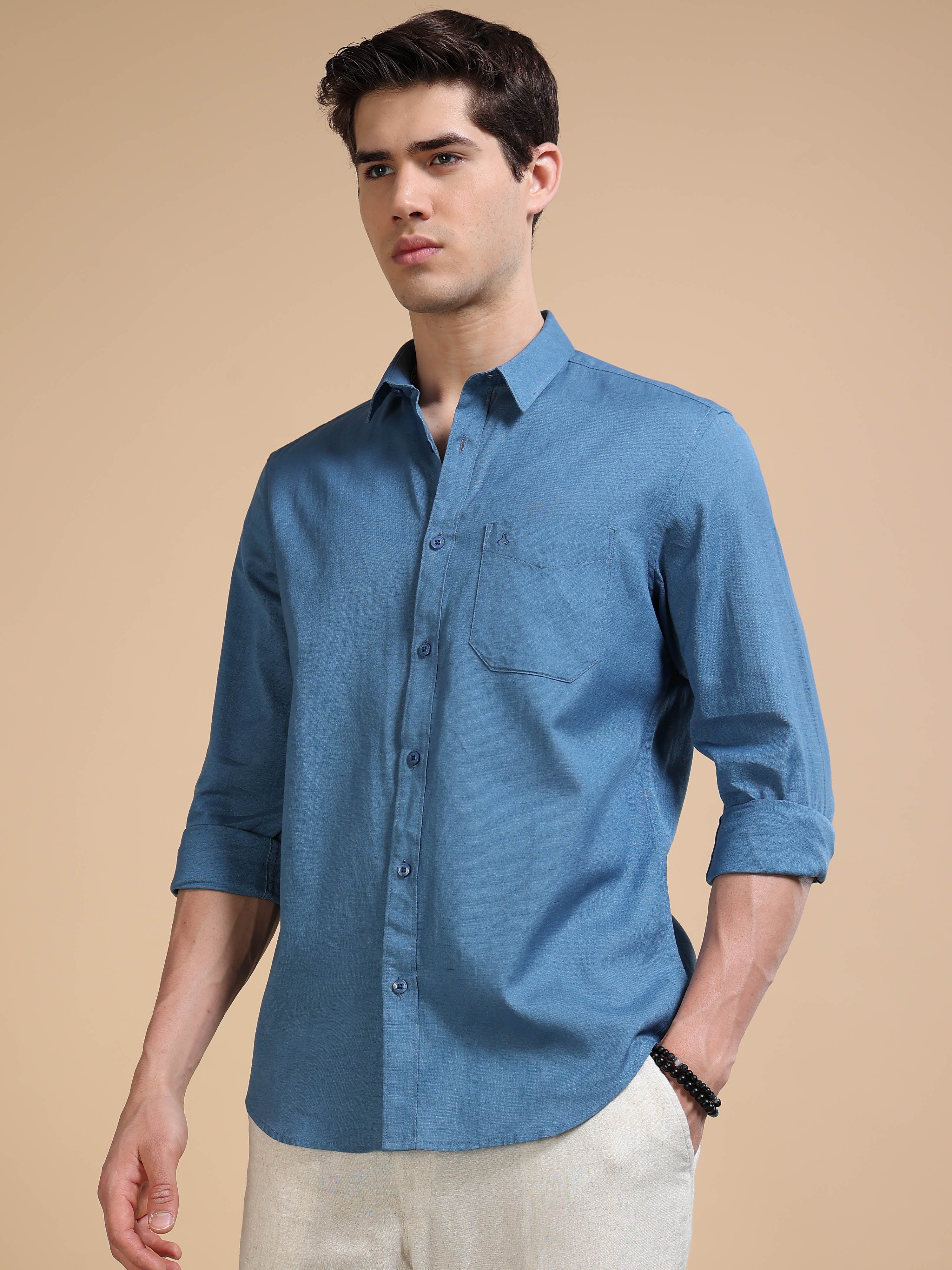 MEN'S STEEL BLUE SOLID SLIM FIT SHIRT