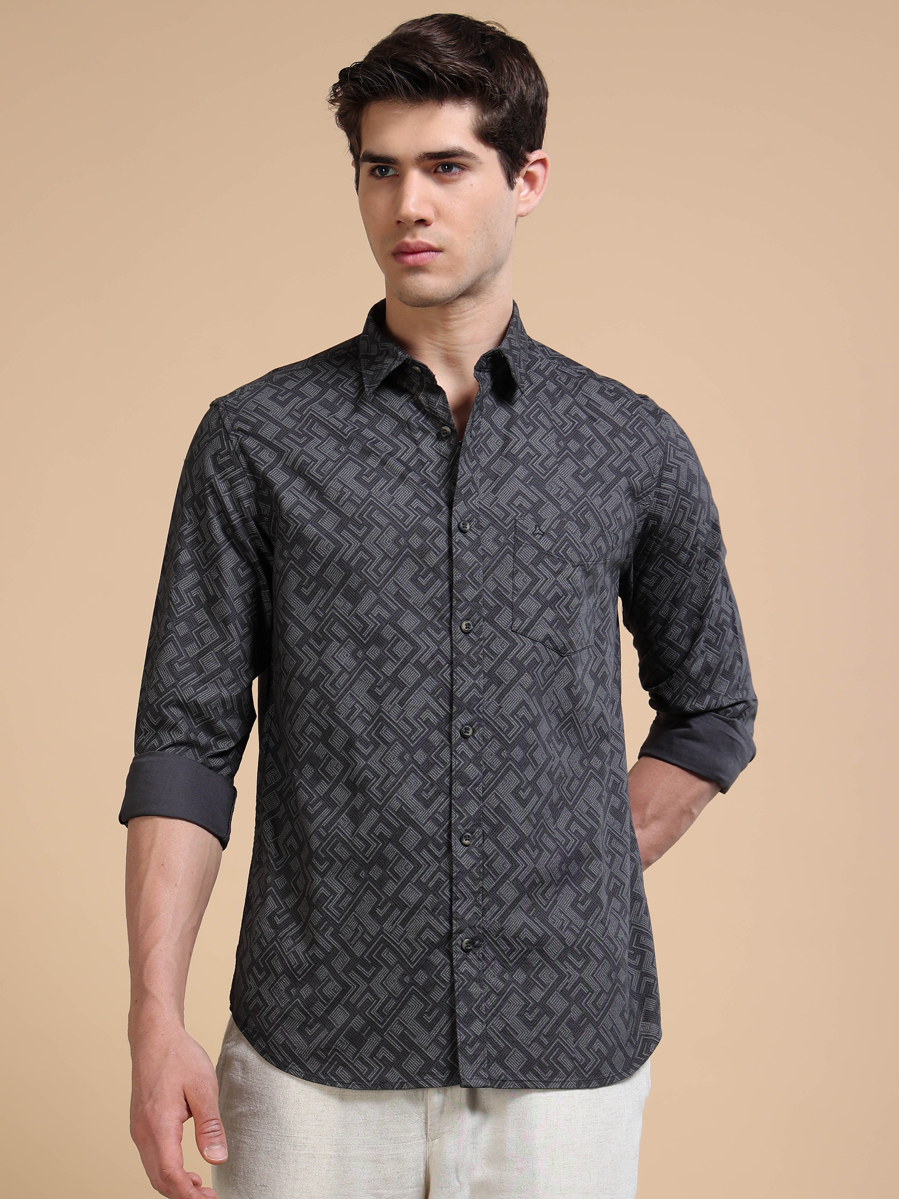 MEN'S DK.GREY PRINT SLIM FIT SHIRT