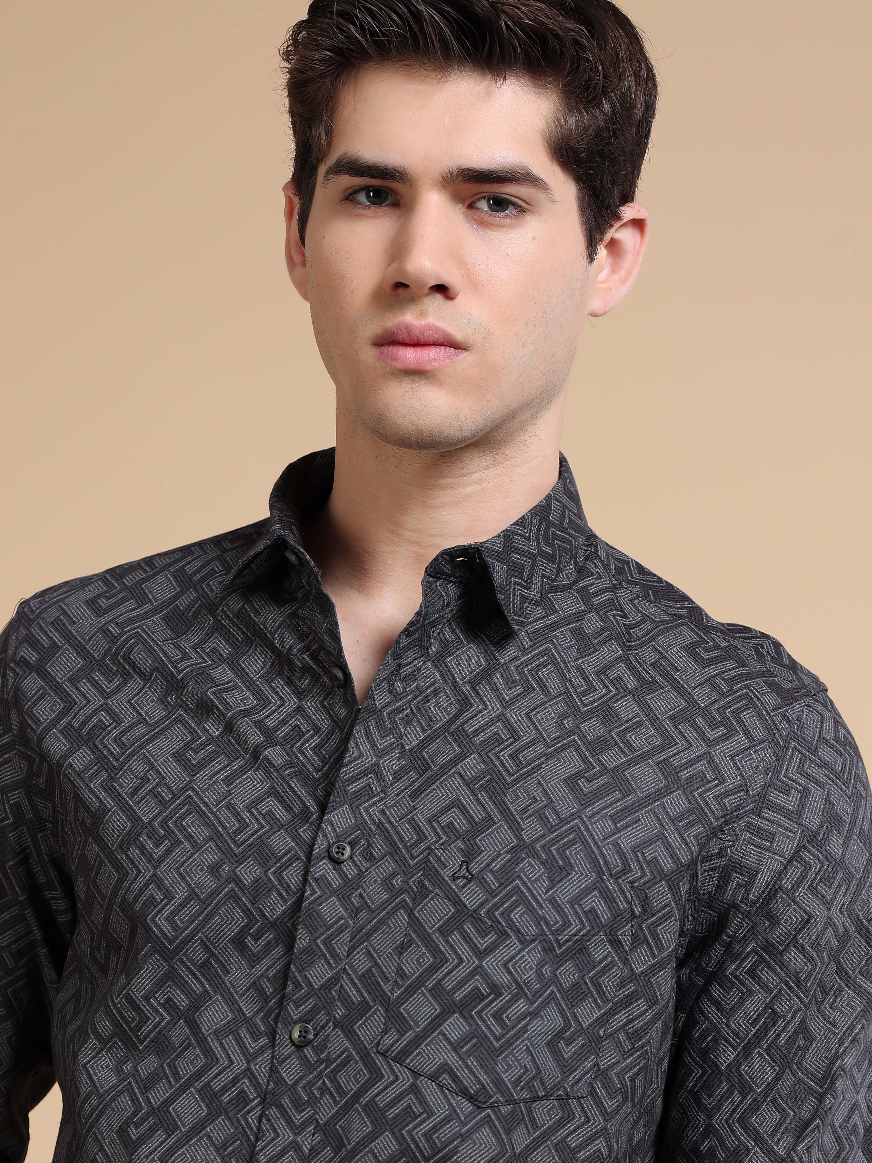 MEN'S DK.GREY PRINT SLIM FIT SHIRT