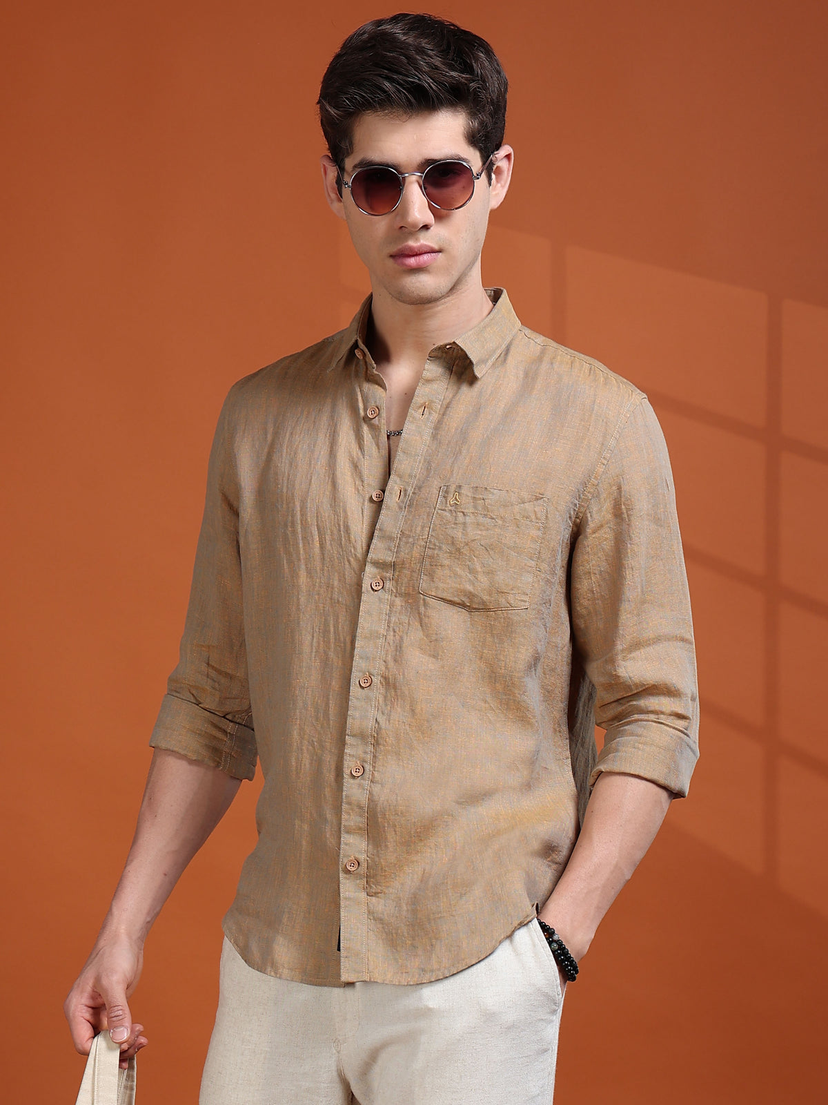 MEN'S LT.ORANGE SOLID SLIM FIT LINEN SHIRT