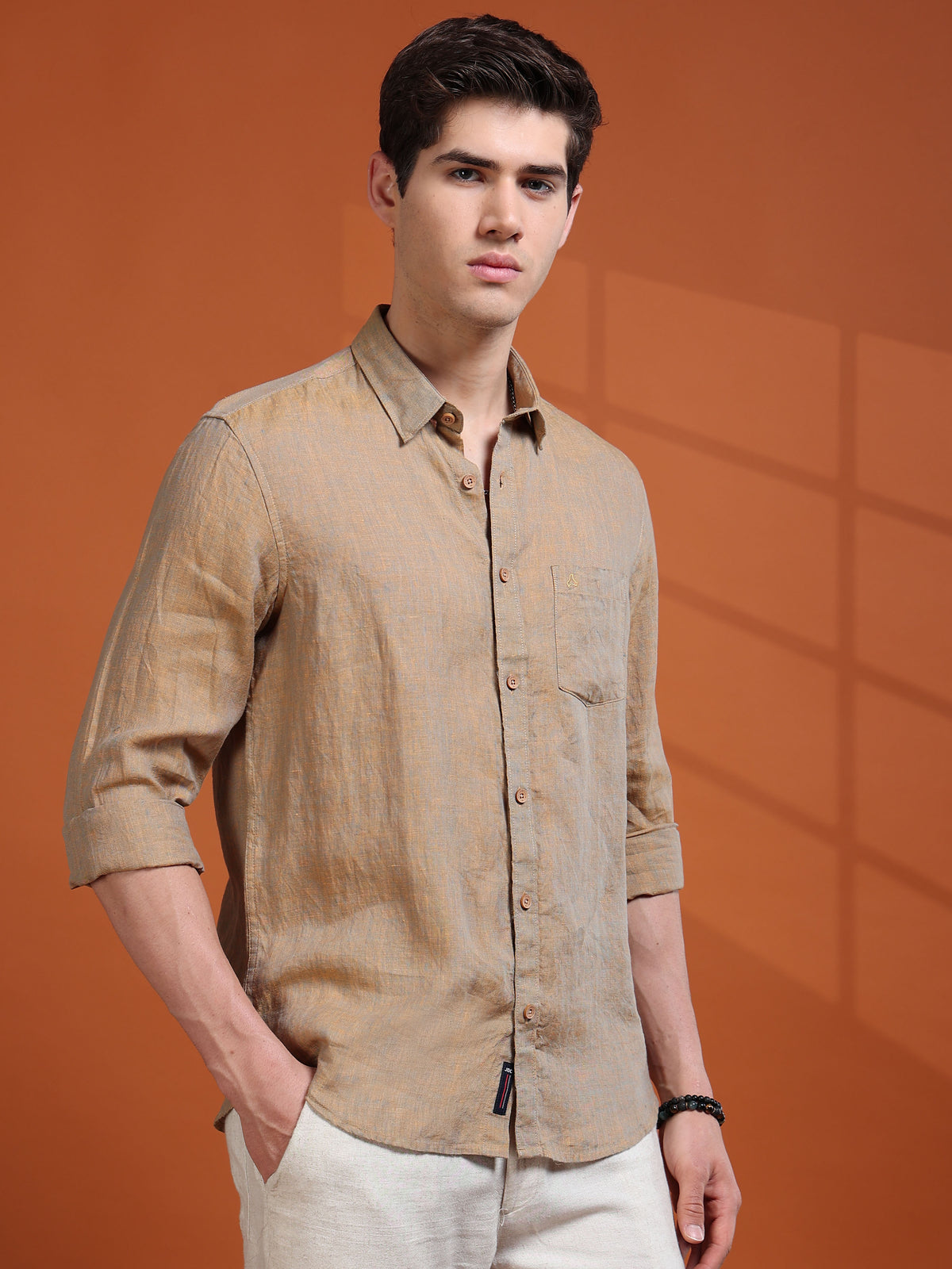 MEN'S LT.ORANGE SOLID SLIM FIT LINEN SHIRT