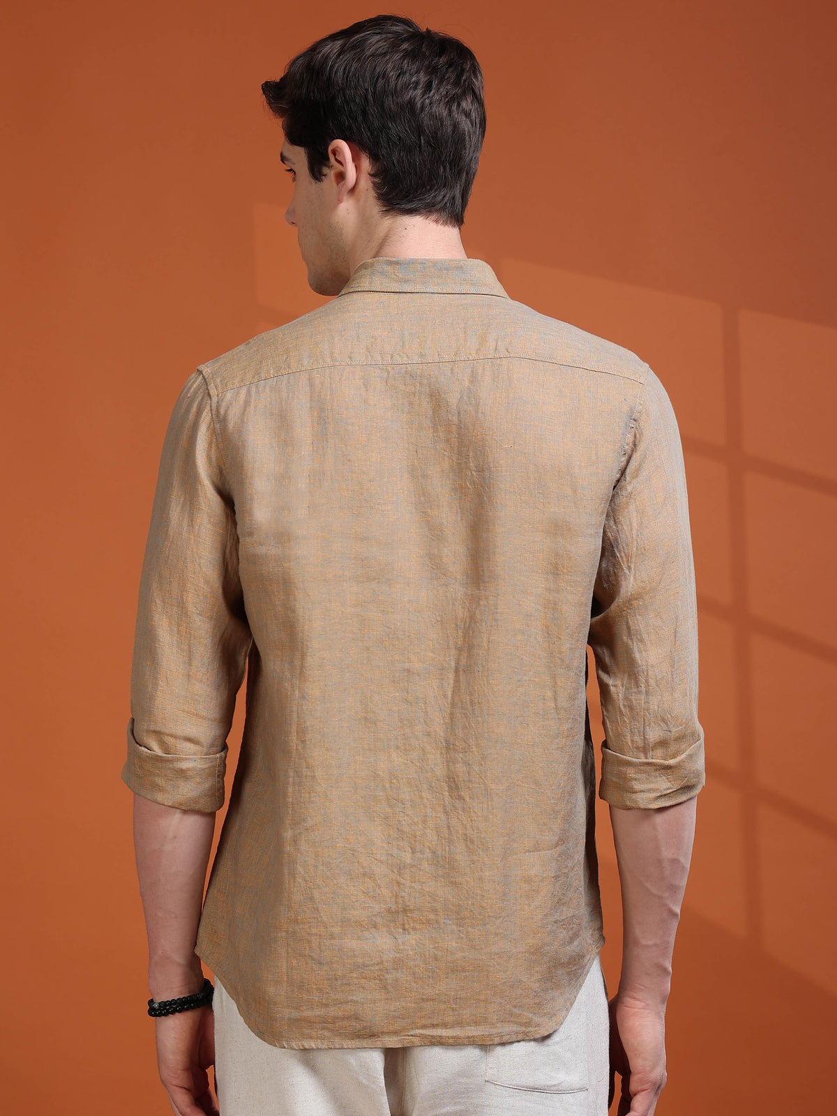 MEN'S LT.ORANGE SOLID SLIM FIT LINEN SHIRT
