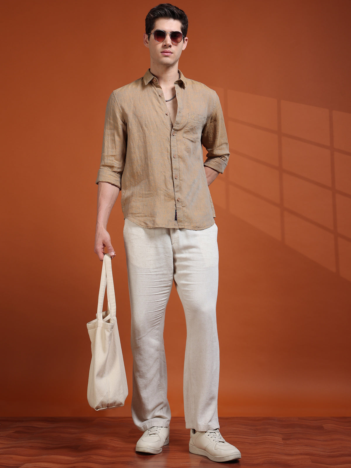 MEN'S LT.ORANGE SOLID SLIM FIT LINEN SHIRT