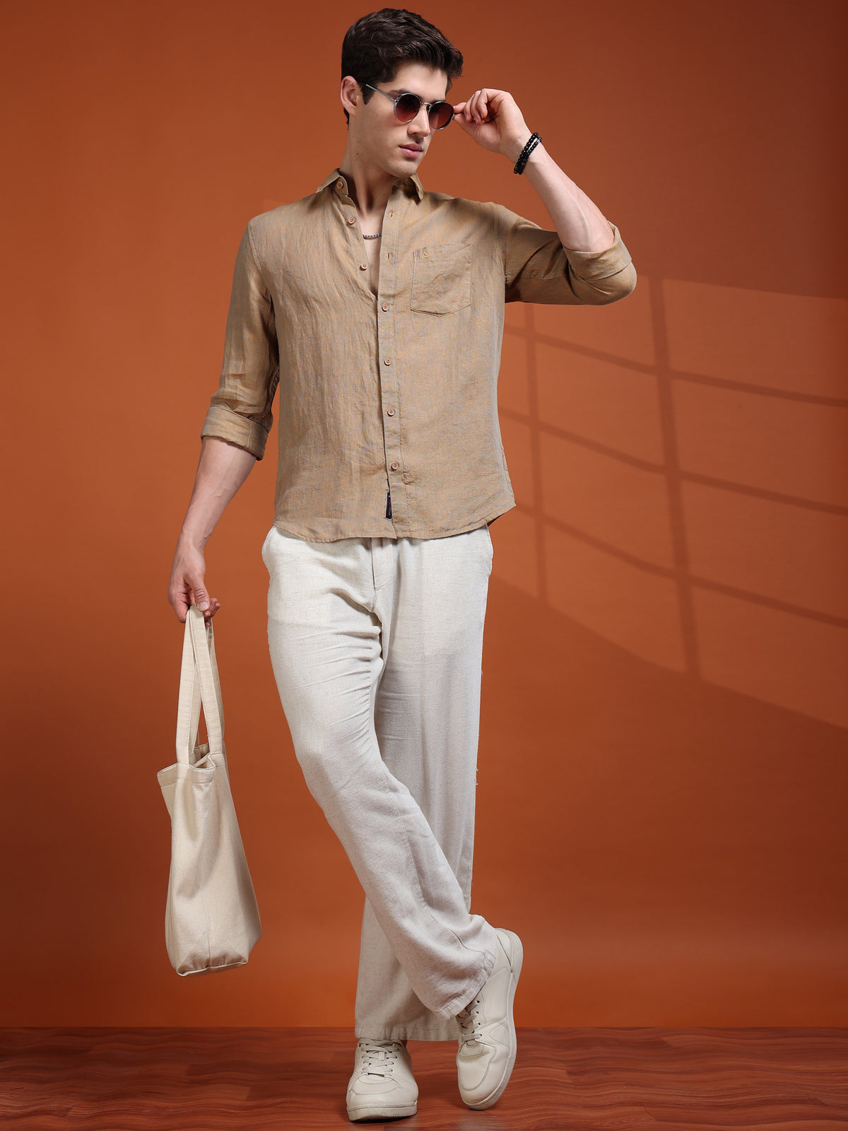 MEN'S LT.ORANGE SOLID SLIM FIT LINEN SHIRT