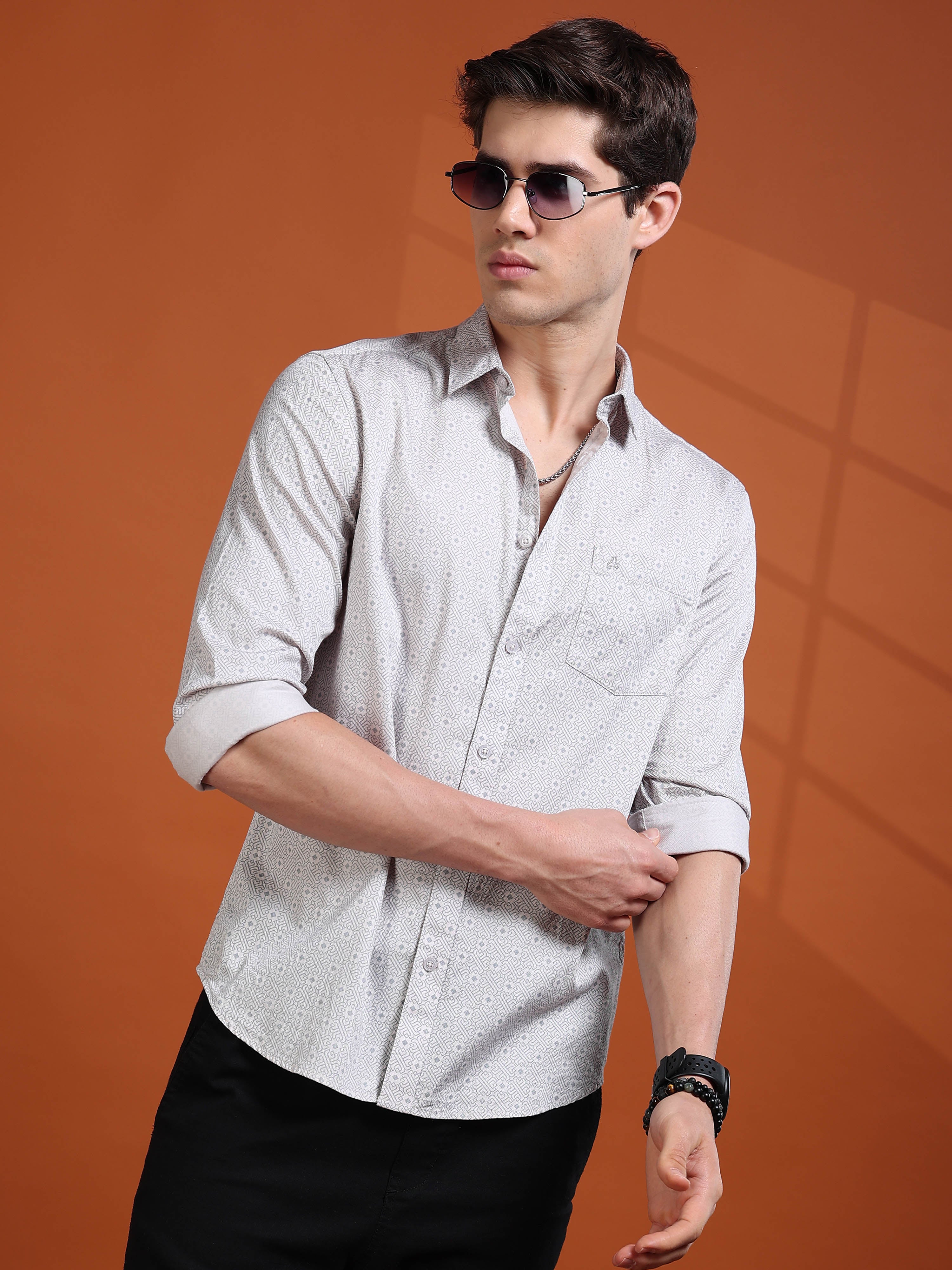 MEN'S LT.GREY PRINT SLIM FIT SHIRT