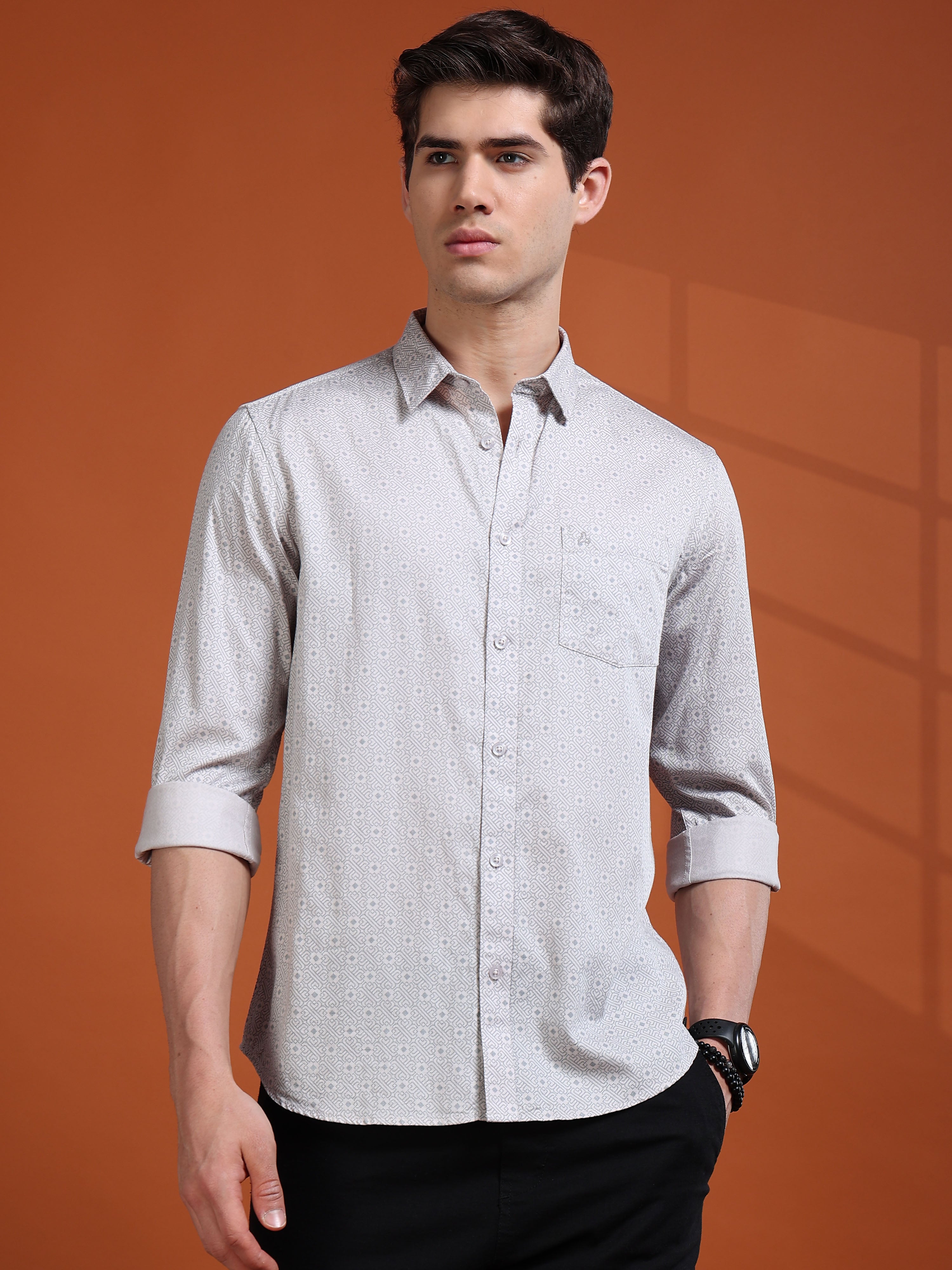 MEN'S LT.GREY PRINT SLIM FIT SHIRT