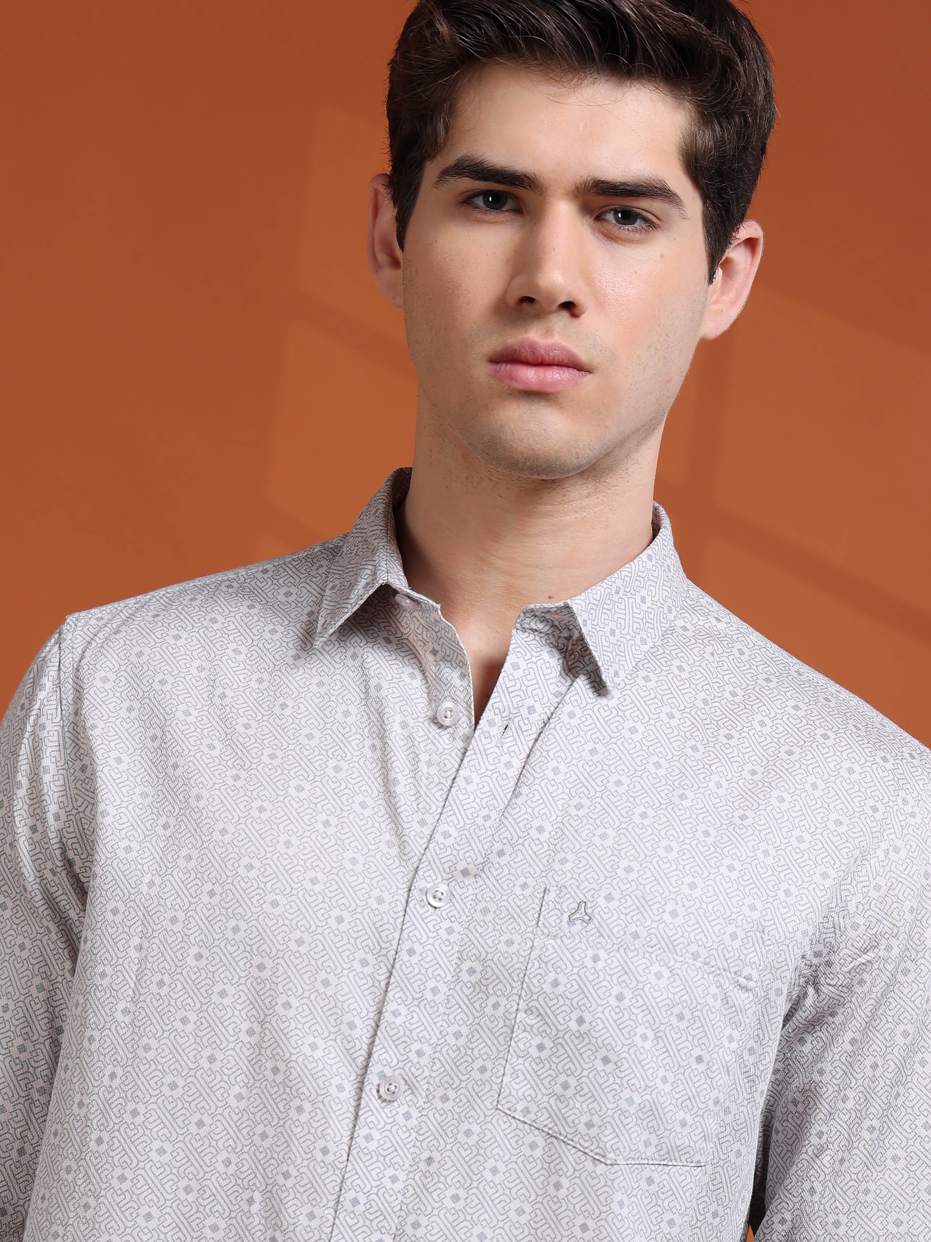 MEN'S LT.GREY PRINT SLIM FIT SHIRT