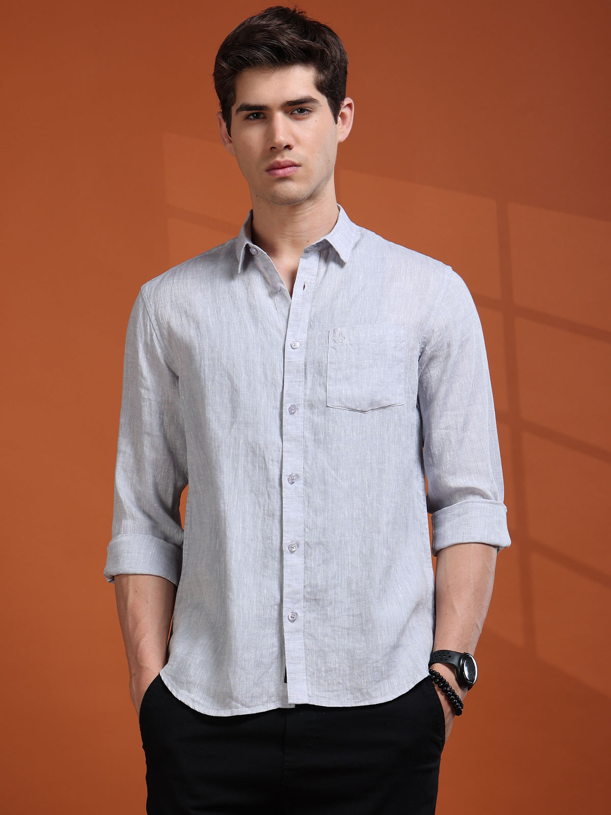 MEN'S LT.GREY SOLID SLIM FIT LINEN SHIRT