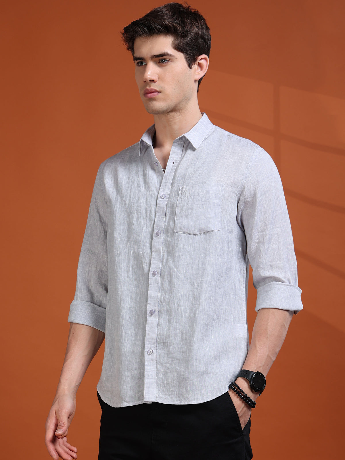 MEN'S LT.GREY SOLID SLIM FIT LINEN SHIRT