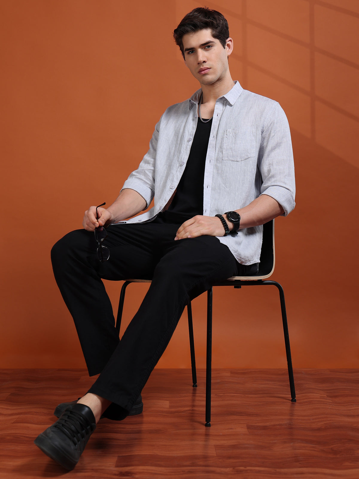 MEN'S LT.GREY SOLID SLIM FIT LINEN SHIRT