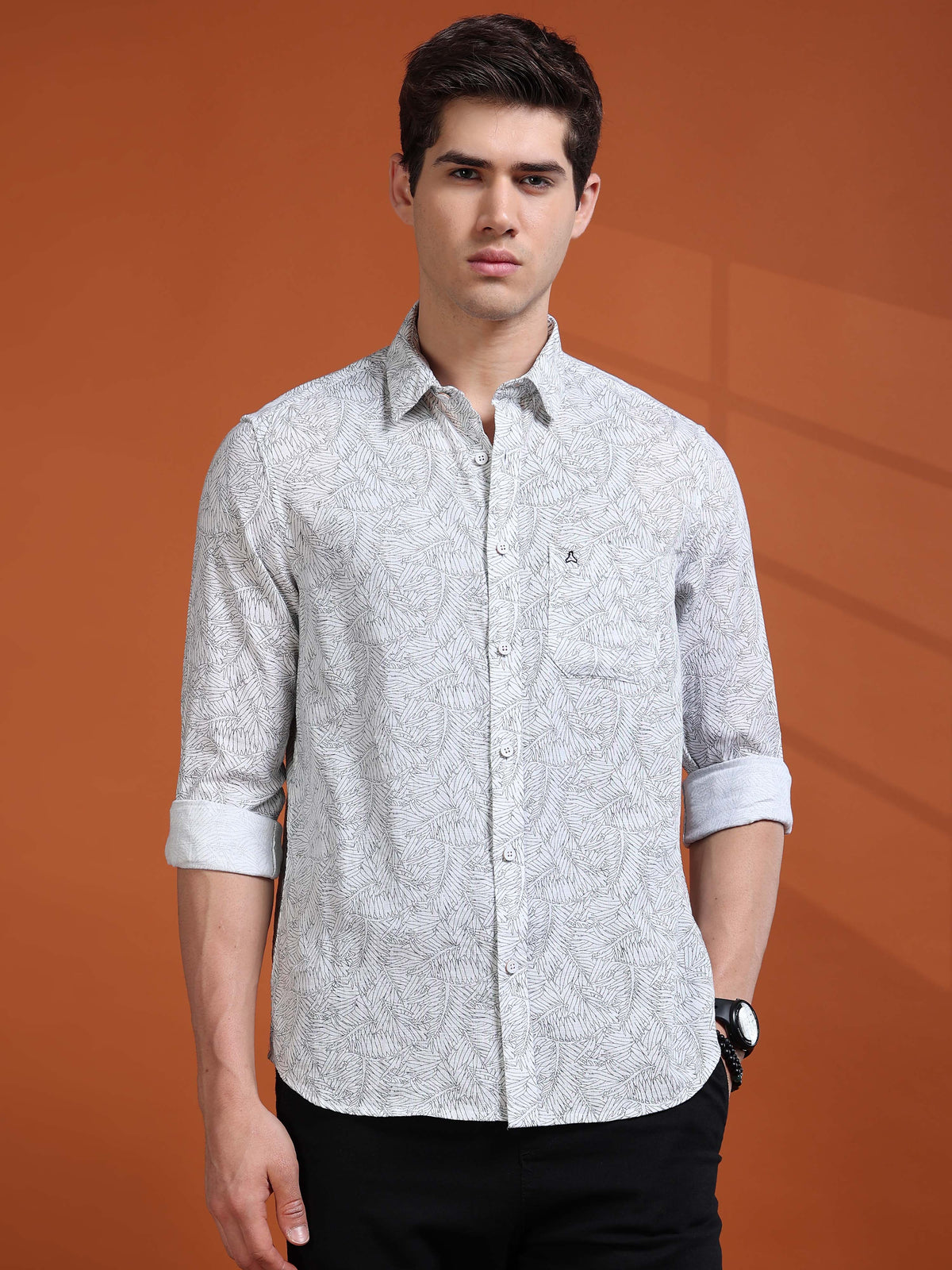MEN'S WHITE PRINT SLIM FIT SHIRT