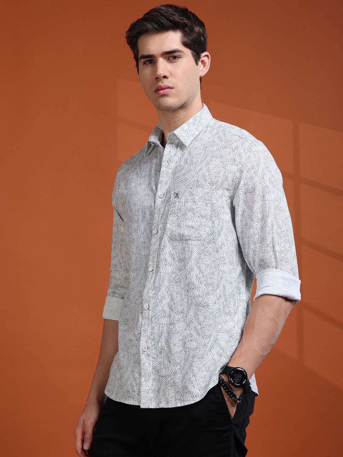 MEN'S WHITE PRINT SLIM FIT SHIRT
