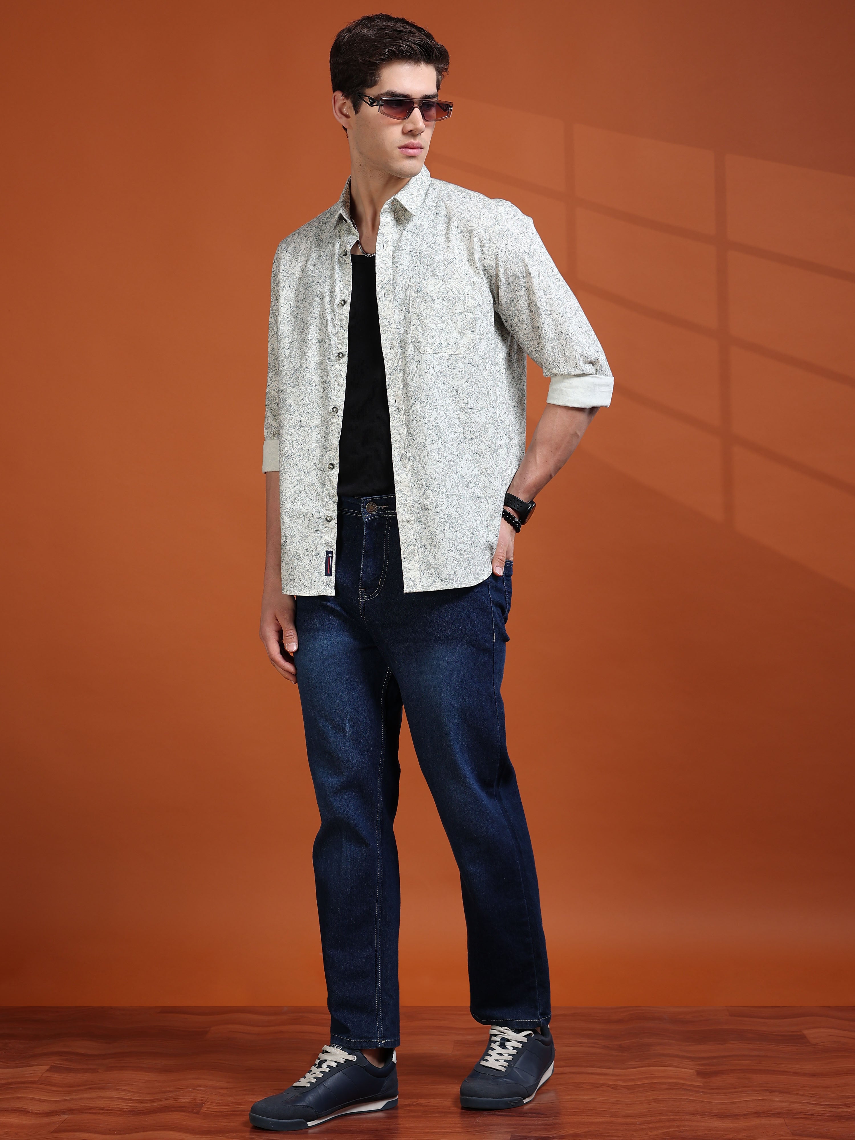 MEN'S EGGRU WHITE PRINT SLIM FIT SHIRT