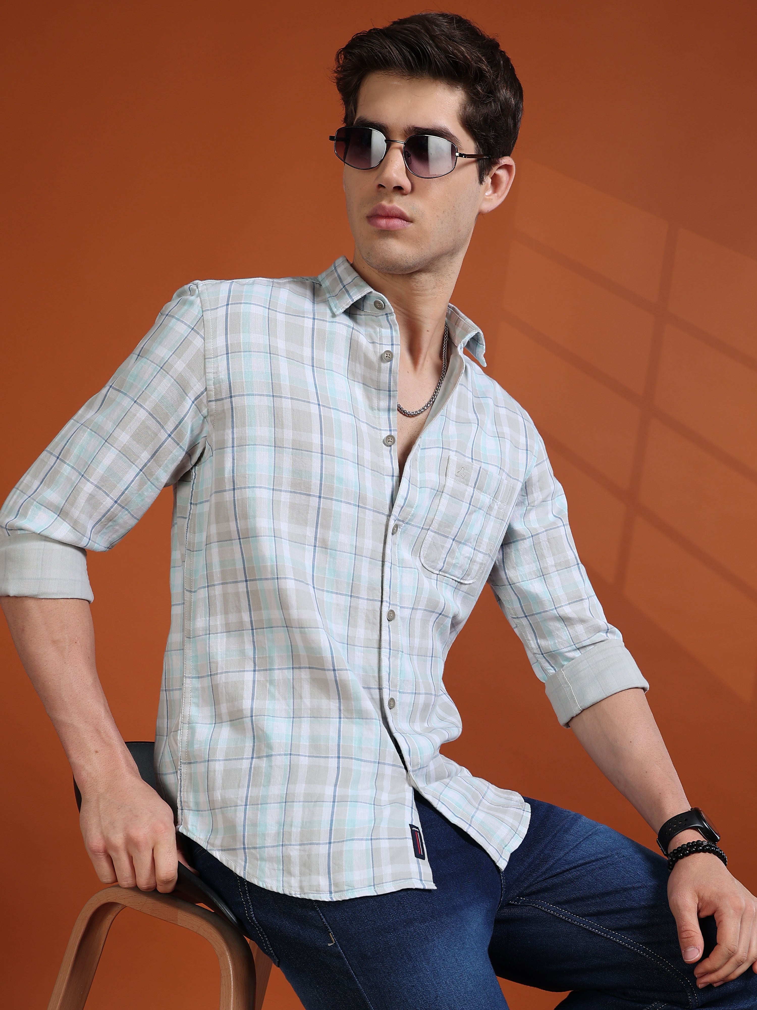 MEN'S LT.GREY CHECKS SLIM FIT SHIRT