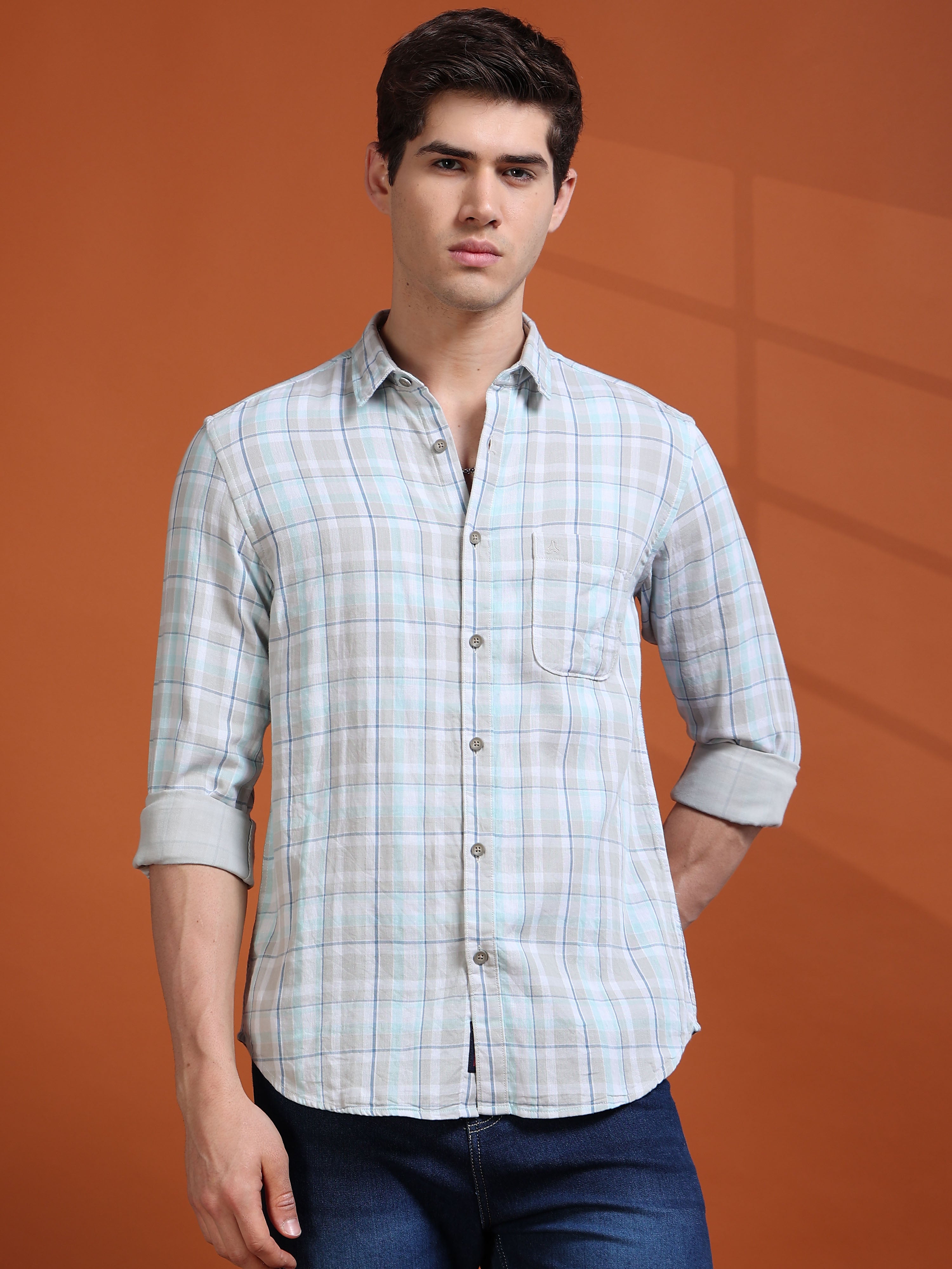 MEN'S LT.GREY CHECKS SLIM FIT SHIRT