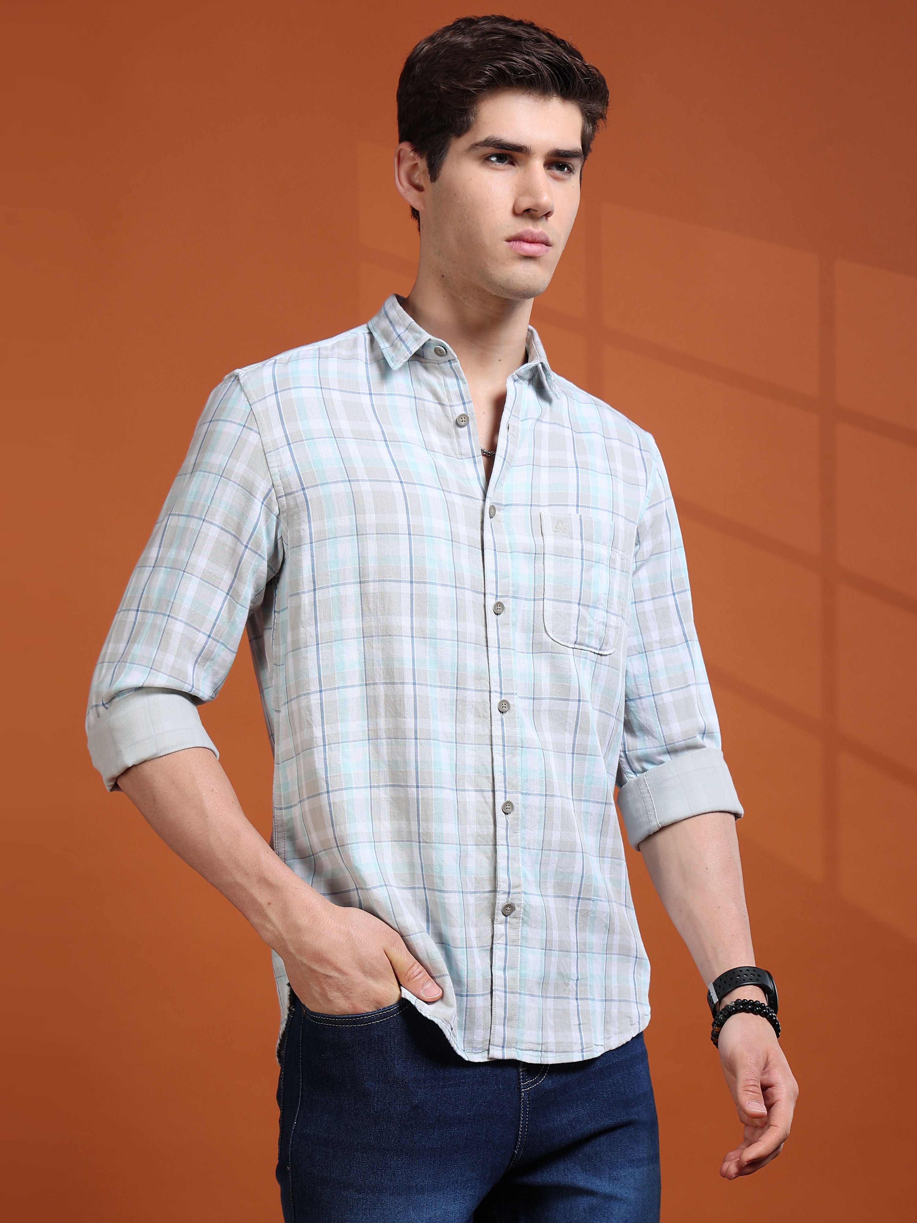 MEN'S LT.GREY CHECKS SLIM FIT SHIRT