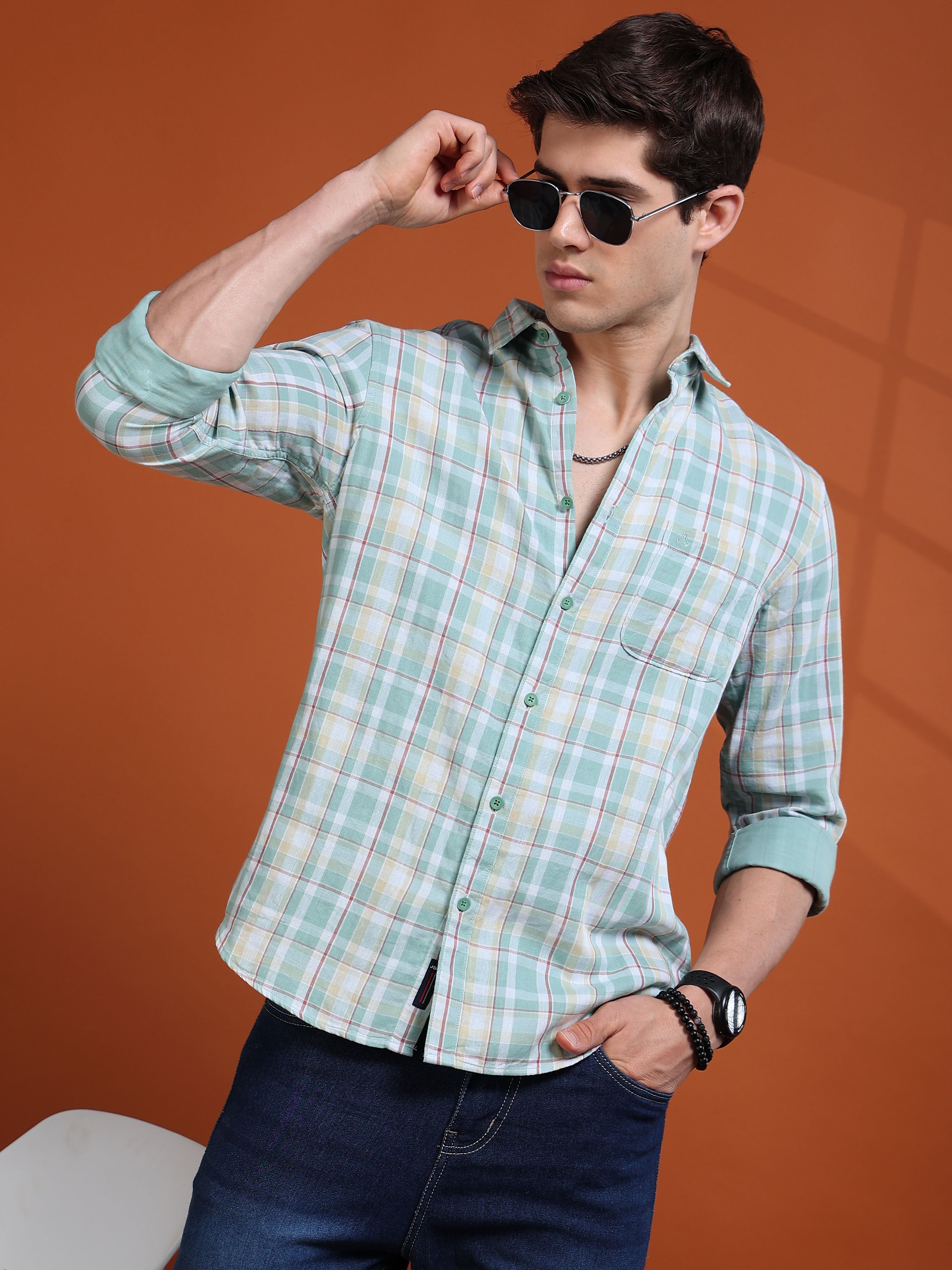 MEN'S GREEN CHECKS SLIM FIT SHIRT