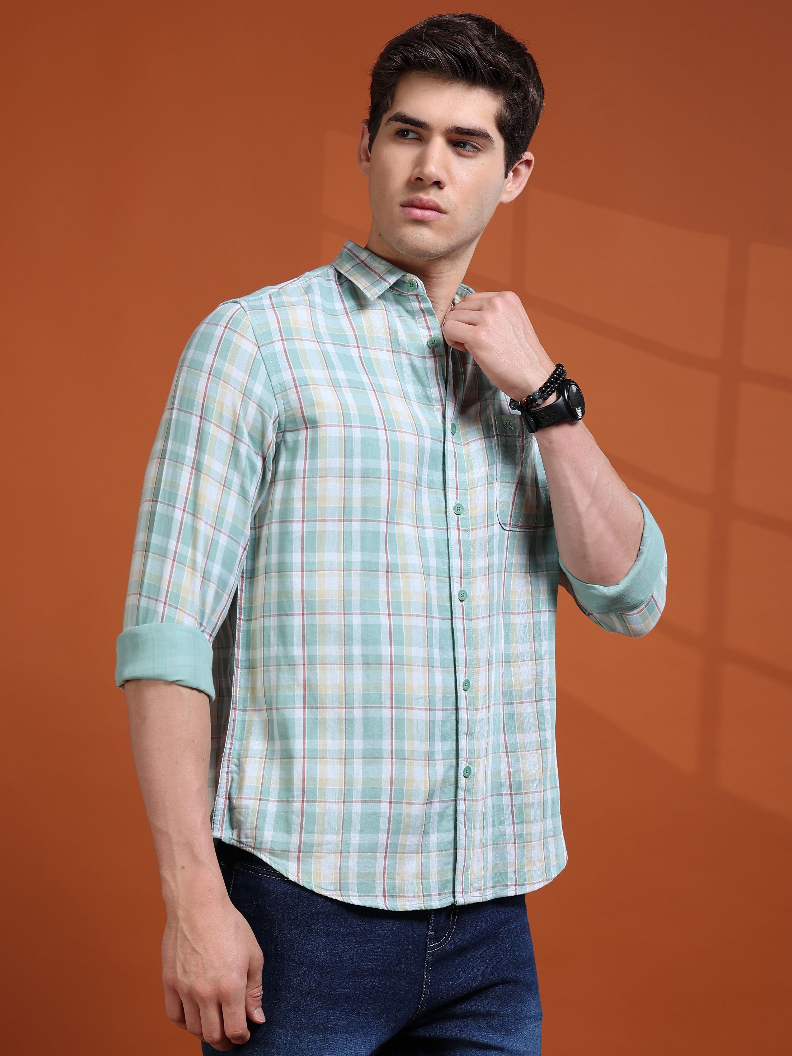 MEN'S GREEN CHECKS SLIM FIT SHIRT