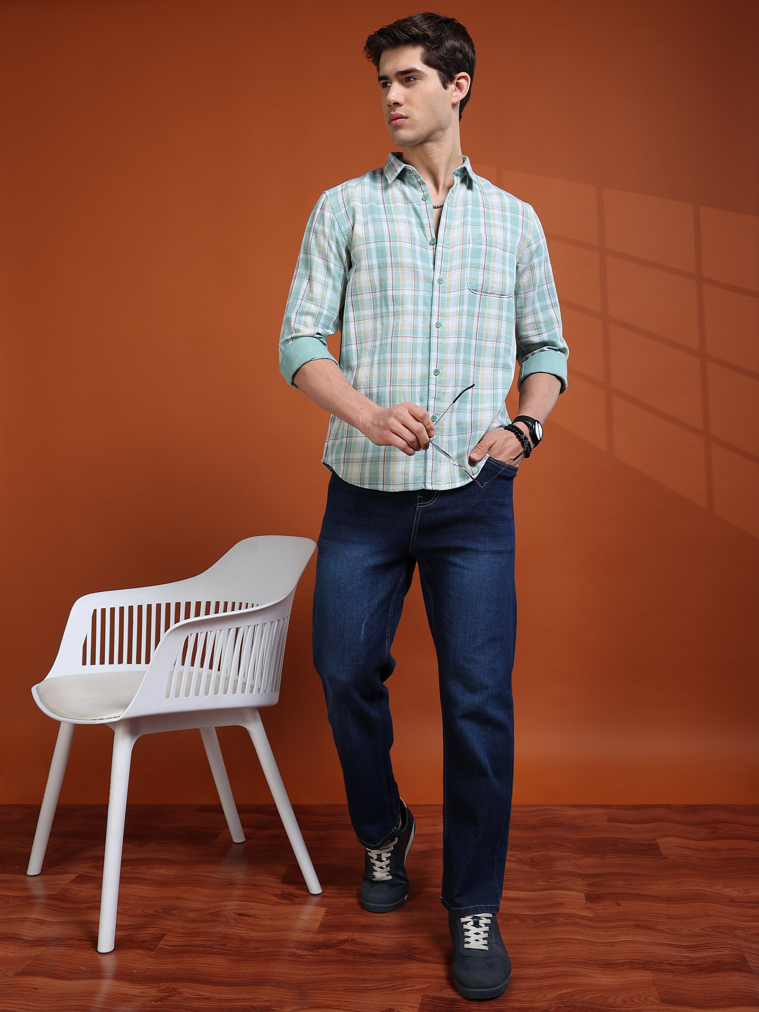 MEN'S GREEN CHECKS SLIM FIT SHIRT