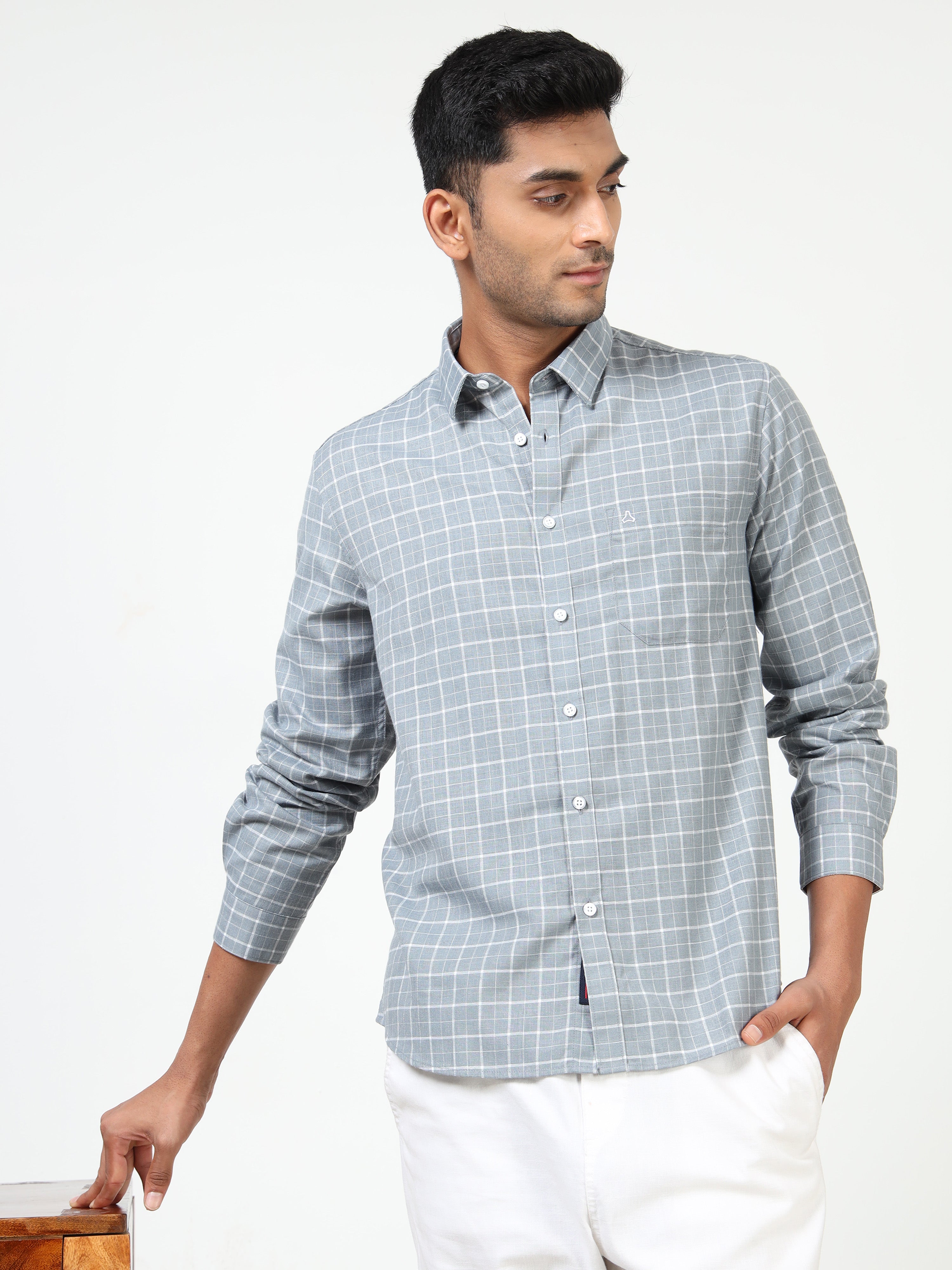 MEN'S LT BLUE CHECKS SLIM FIT SHIRT