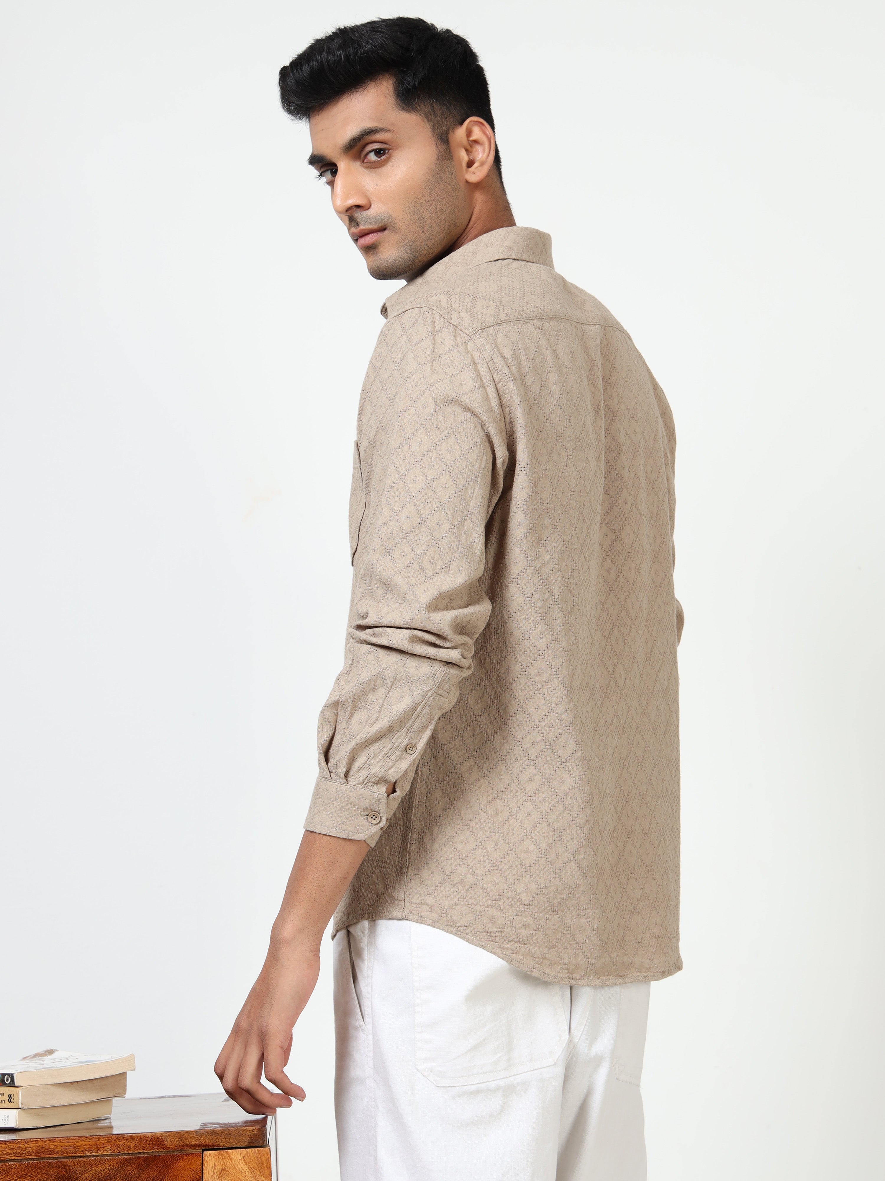 MEN'S BEIGE SOLID SLIM FIT SHIRT