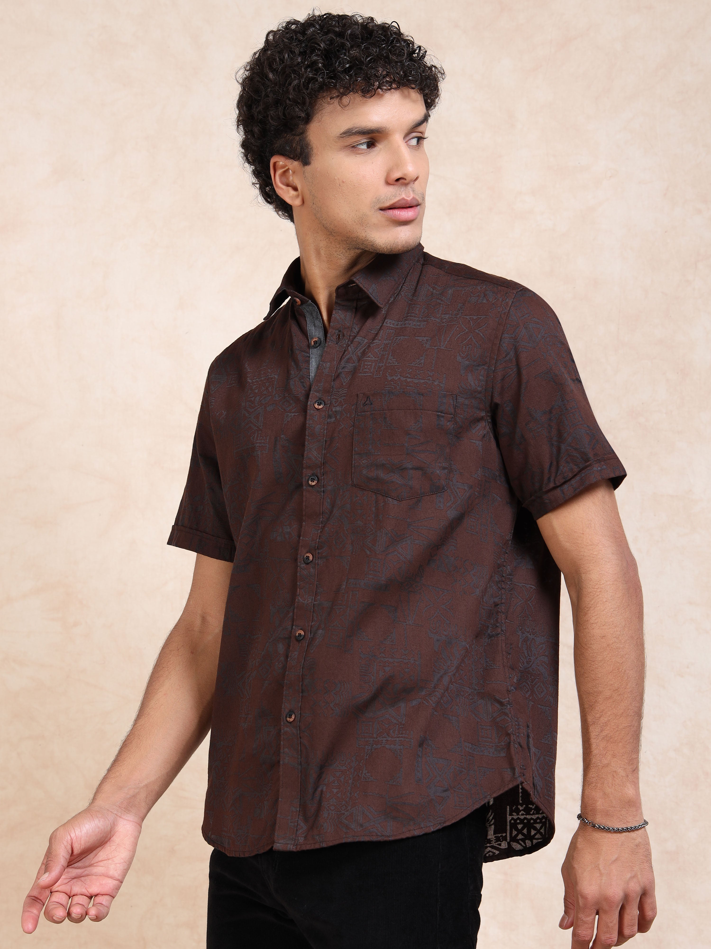 MEN'S RUST SELF DESIGN SLIM FIT SHIRT