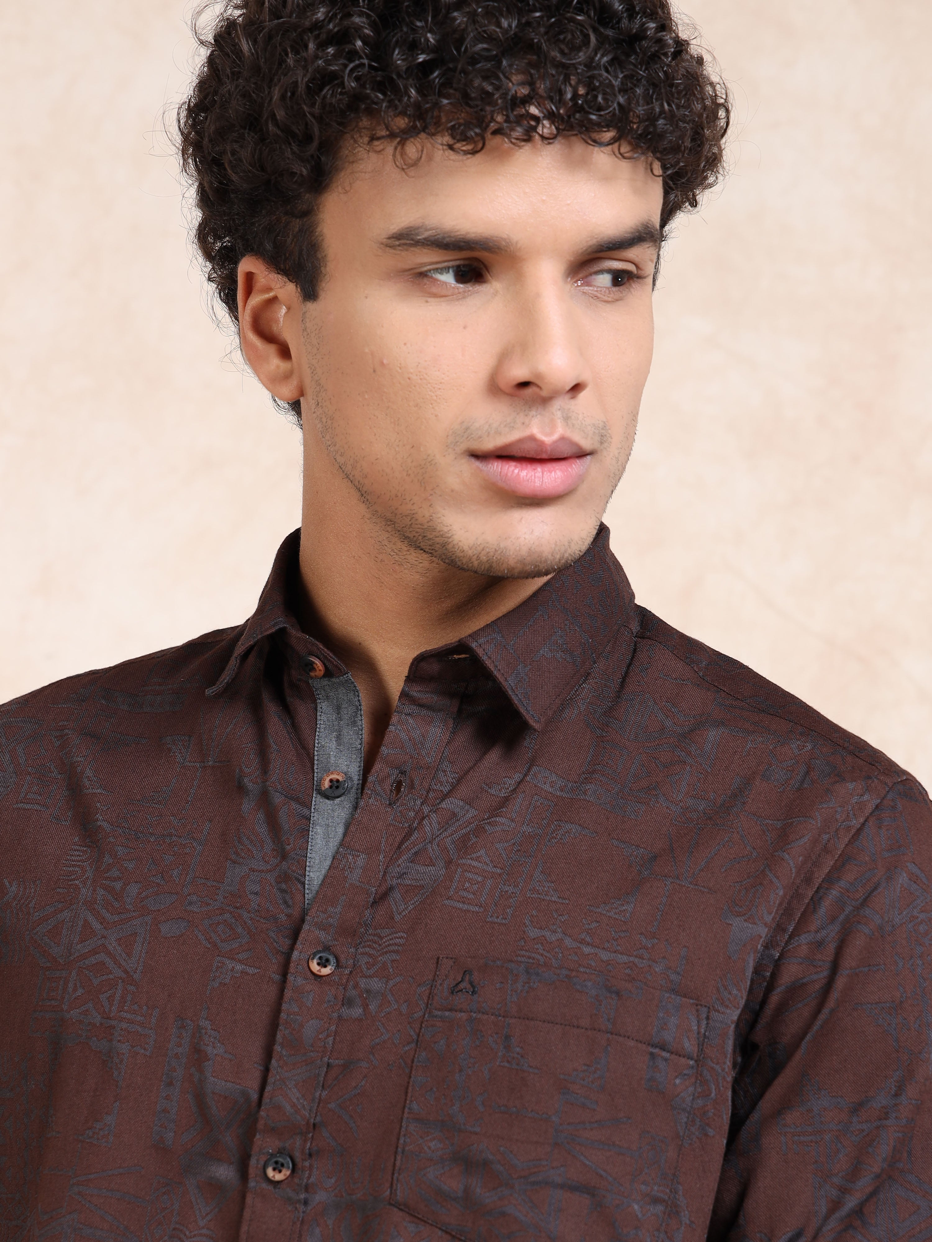 MEN'S RUST SELF DESIGN SLIM FIT SHIRT