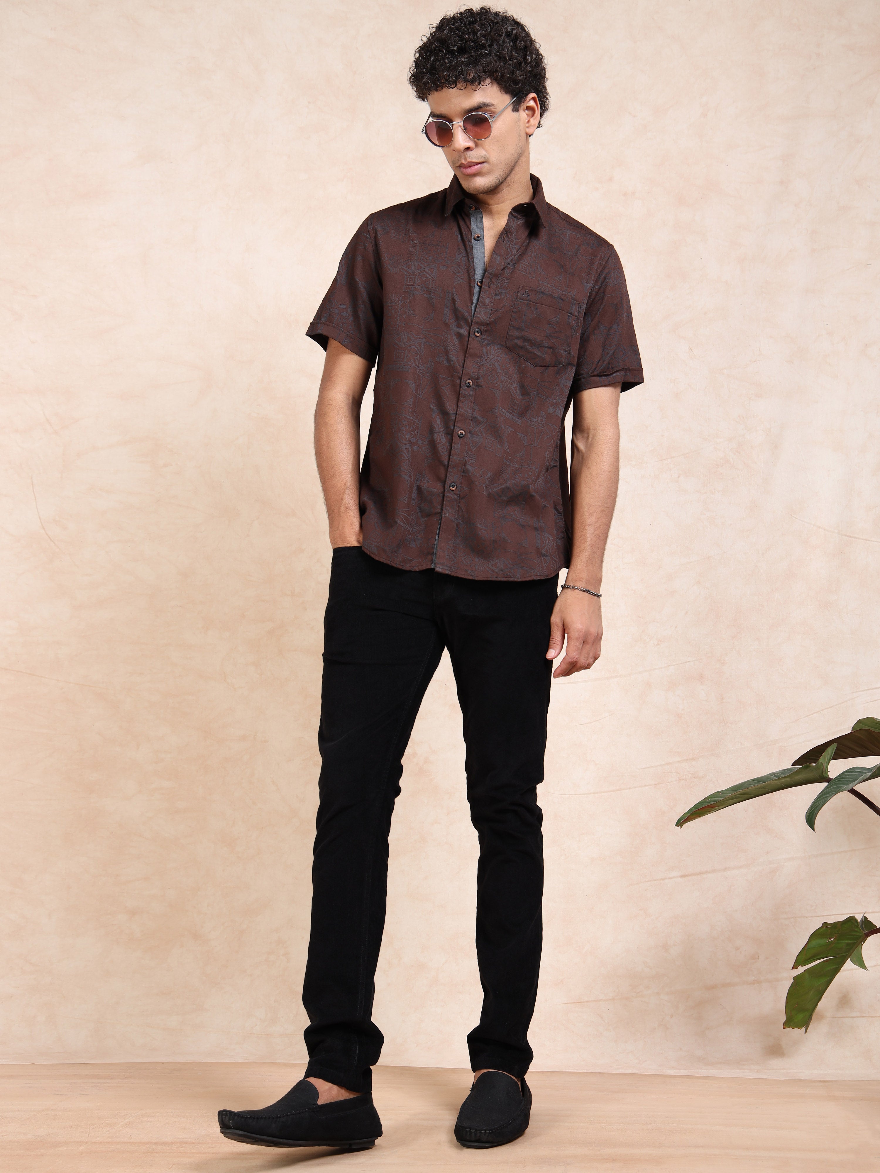 MEN'S RUST SELF DESIGN SLIM FIT SHIRT