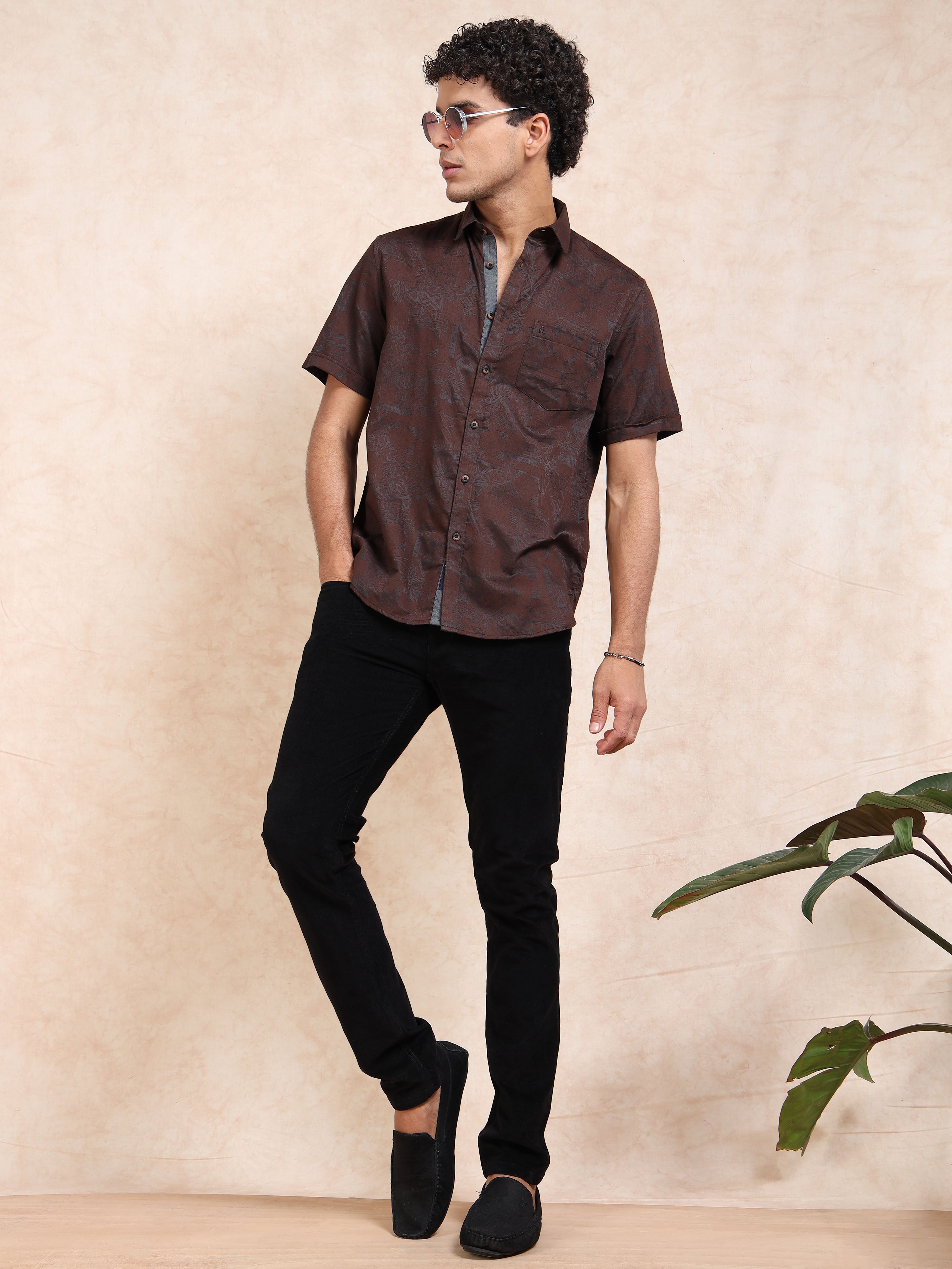 MEN'S RUST SELF DESIGN SLIM FIT SHIRT