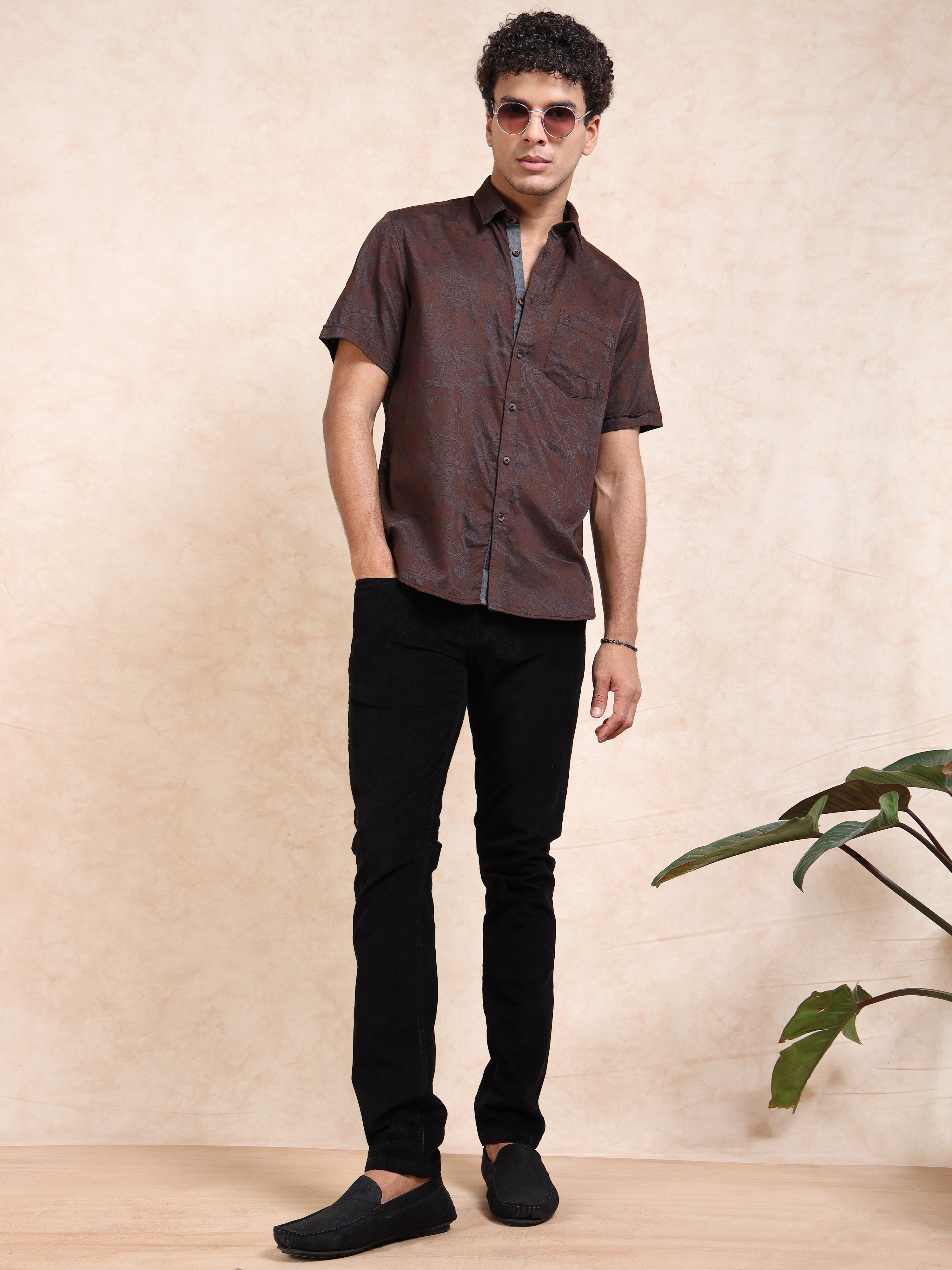 MEN'S RUST SELF DESIGN SLIM FIT SHIRT