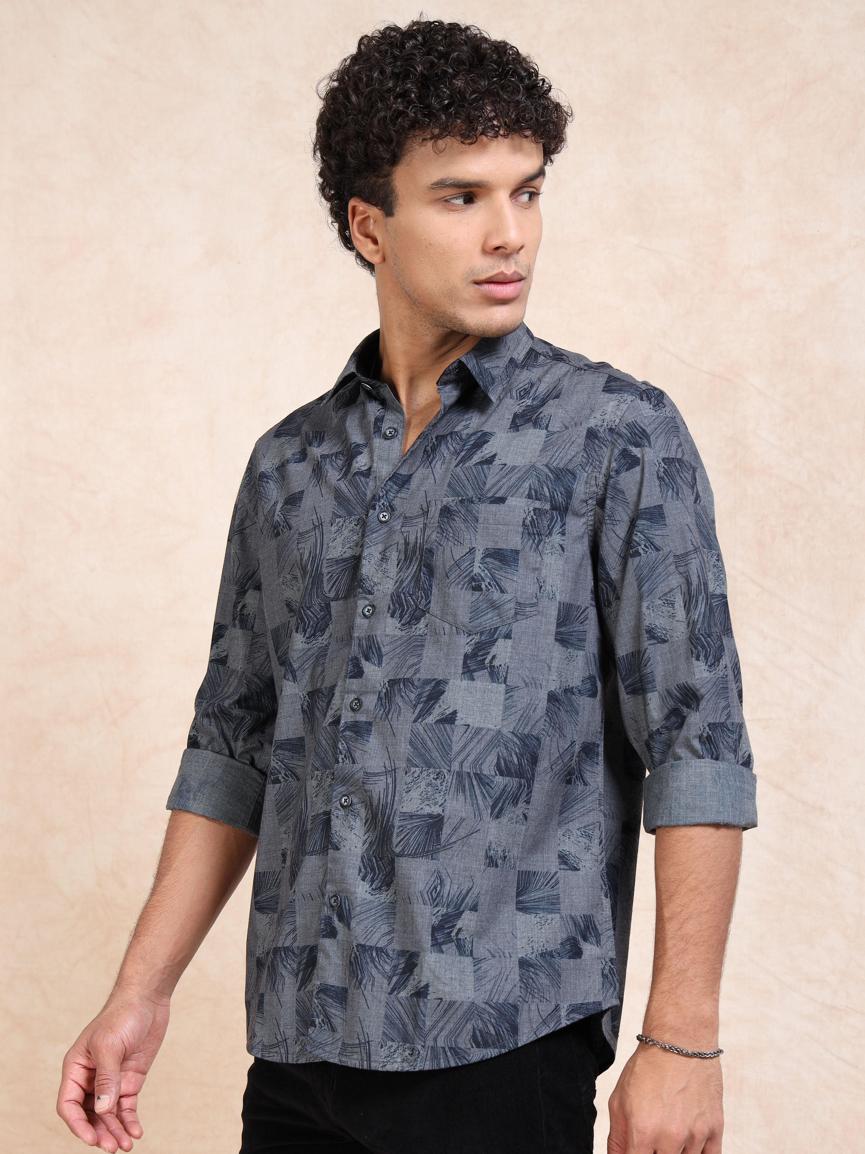MEN'S NAVY PRINT SLIM FIT SHIRT