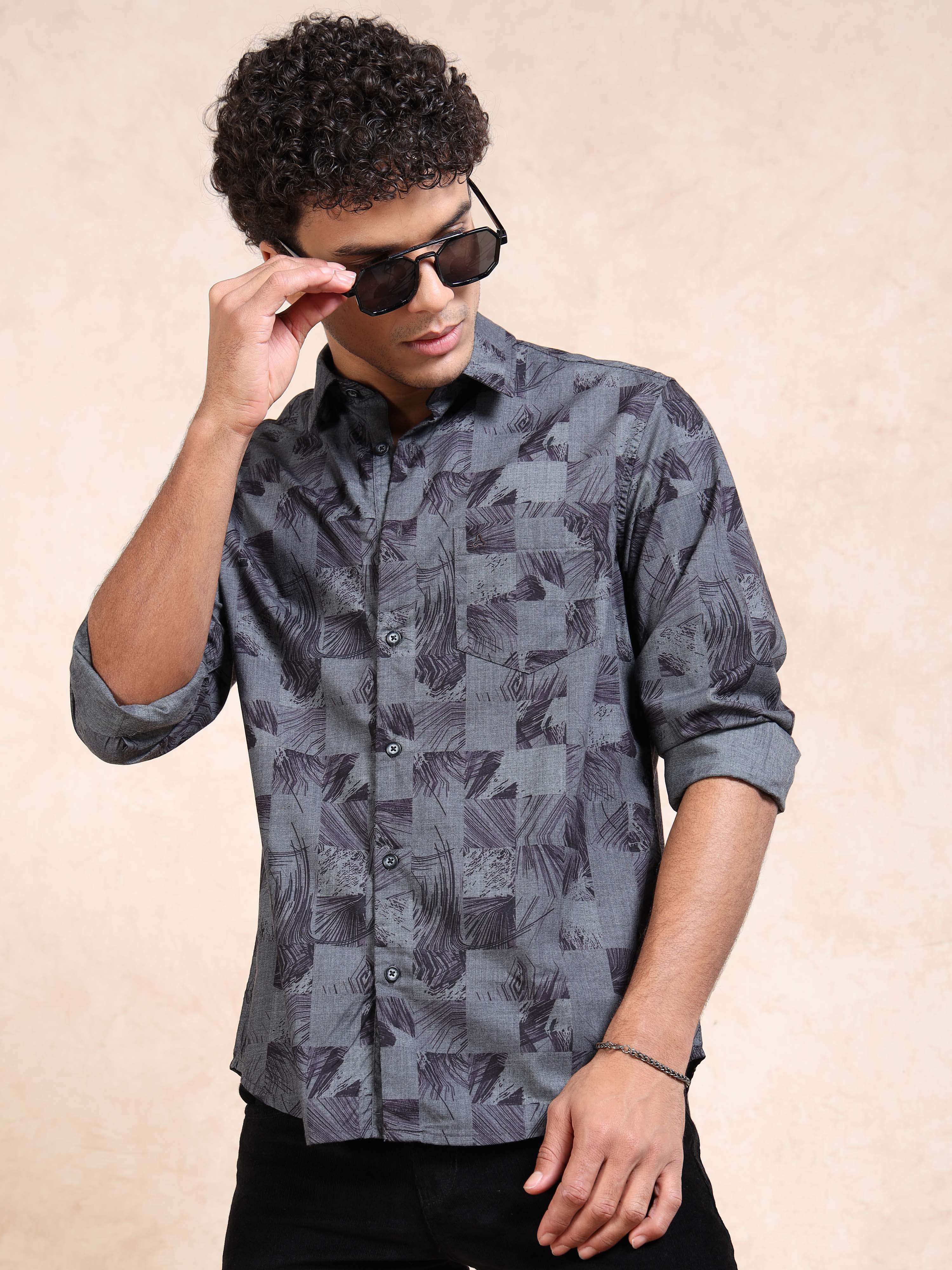 MEN'S BLACK PRINT SLIM FIT SHIRT