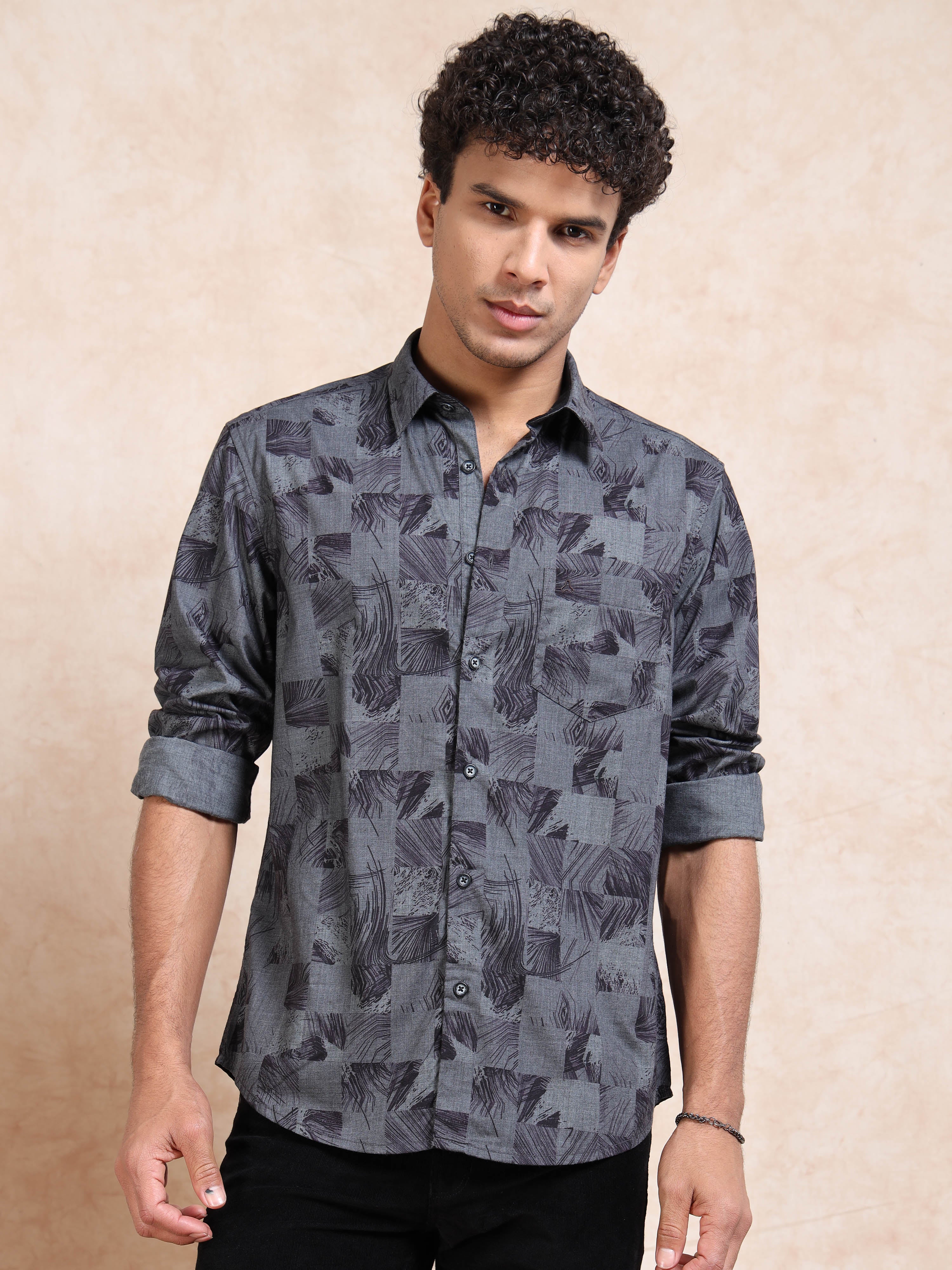 MEN'S BLACK PRINT SLIM FIT SHIRT