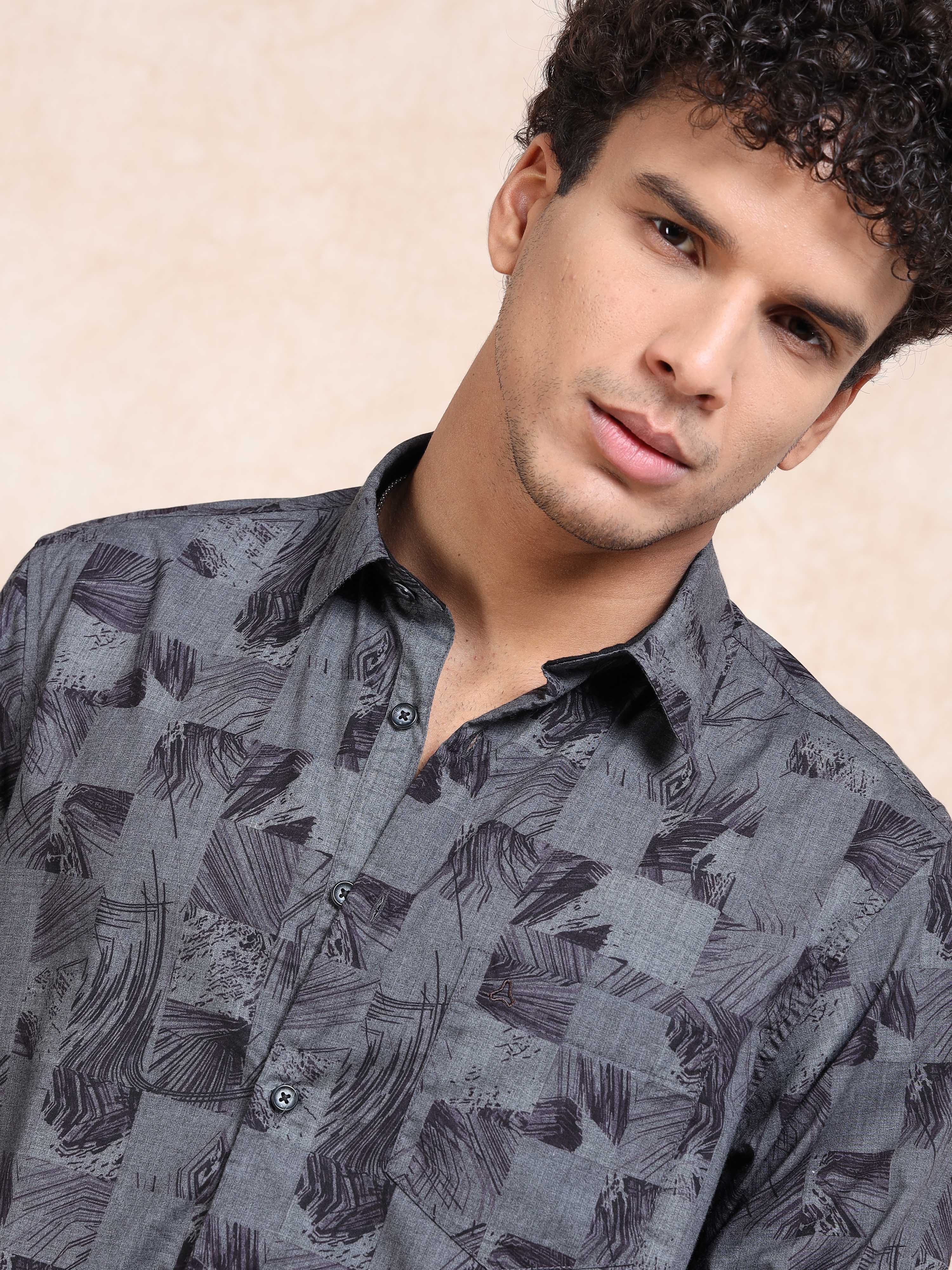 MEN'S BLACK PRINT SLIM FIT SHIRT