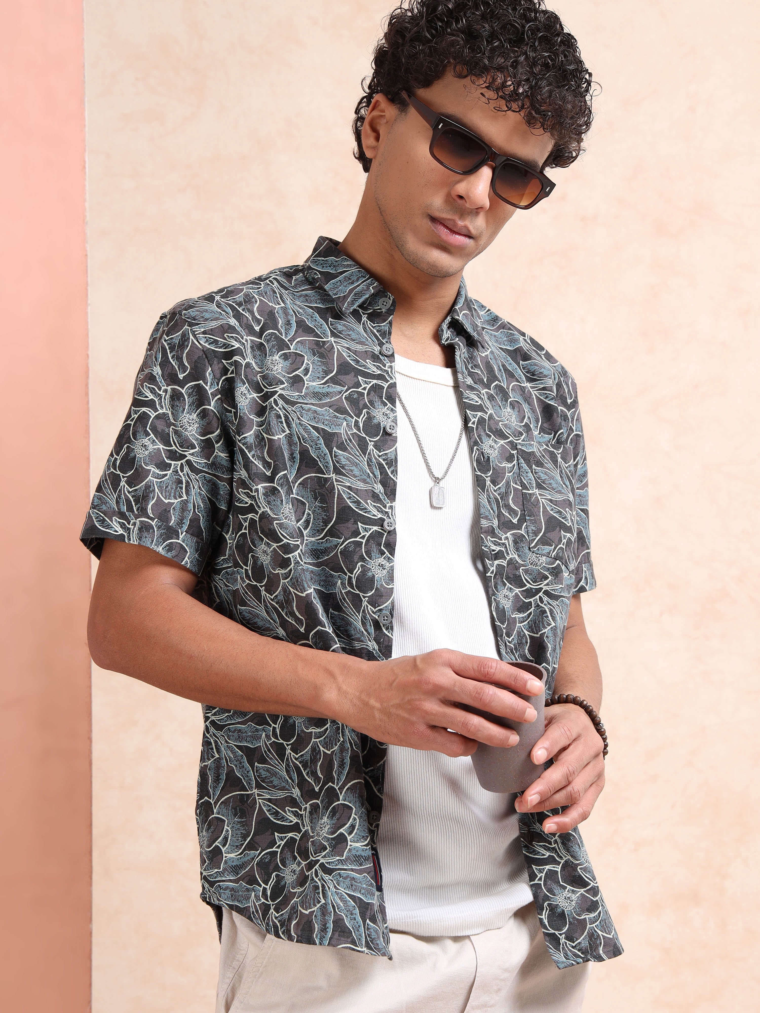 MEN'S DK.GREY PRINT SLIM FIT SHIRT