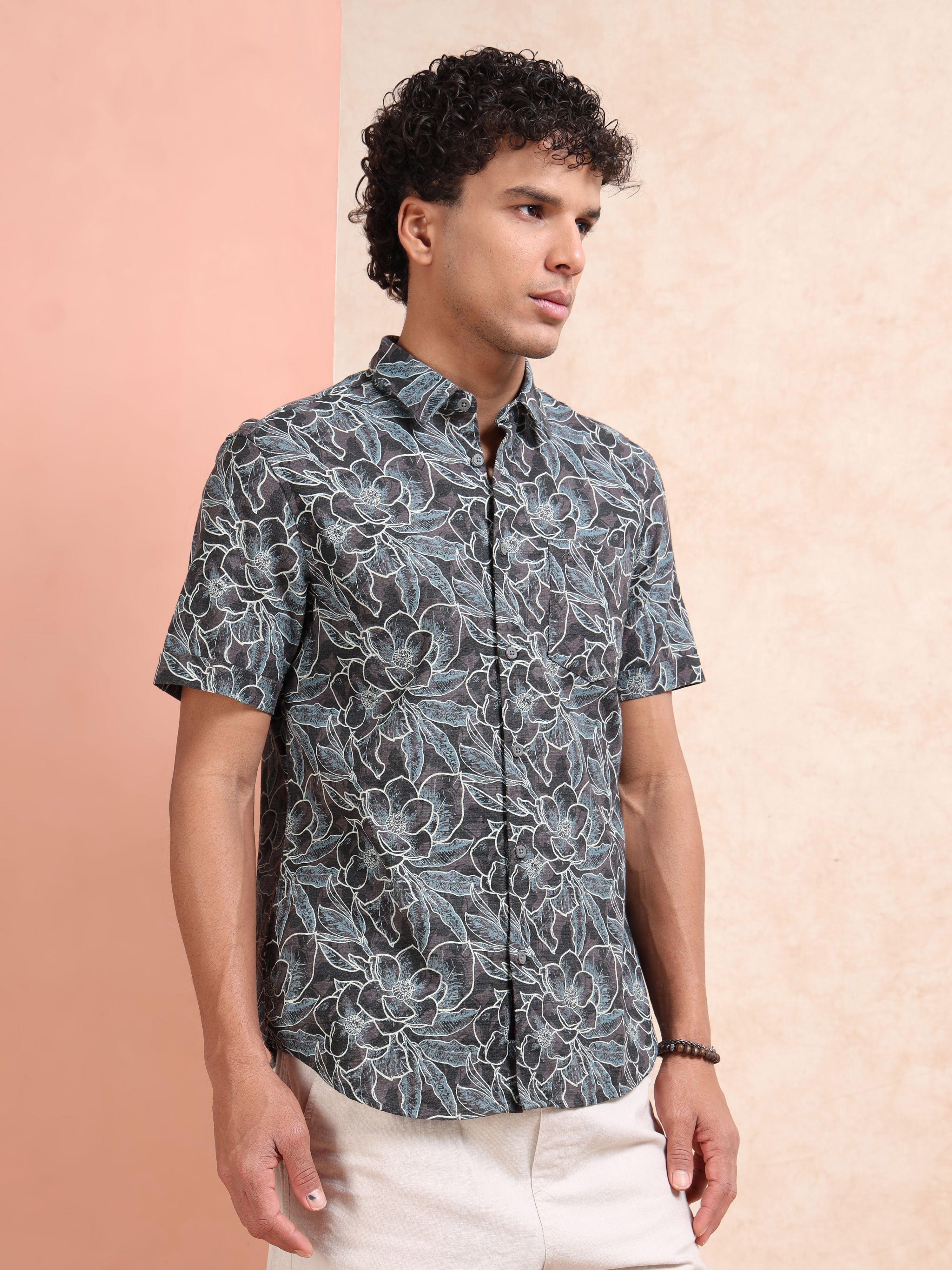 MEN'S DK.GREY PRINT SLIM FIT SHIRT