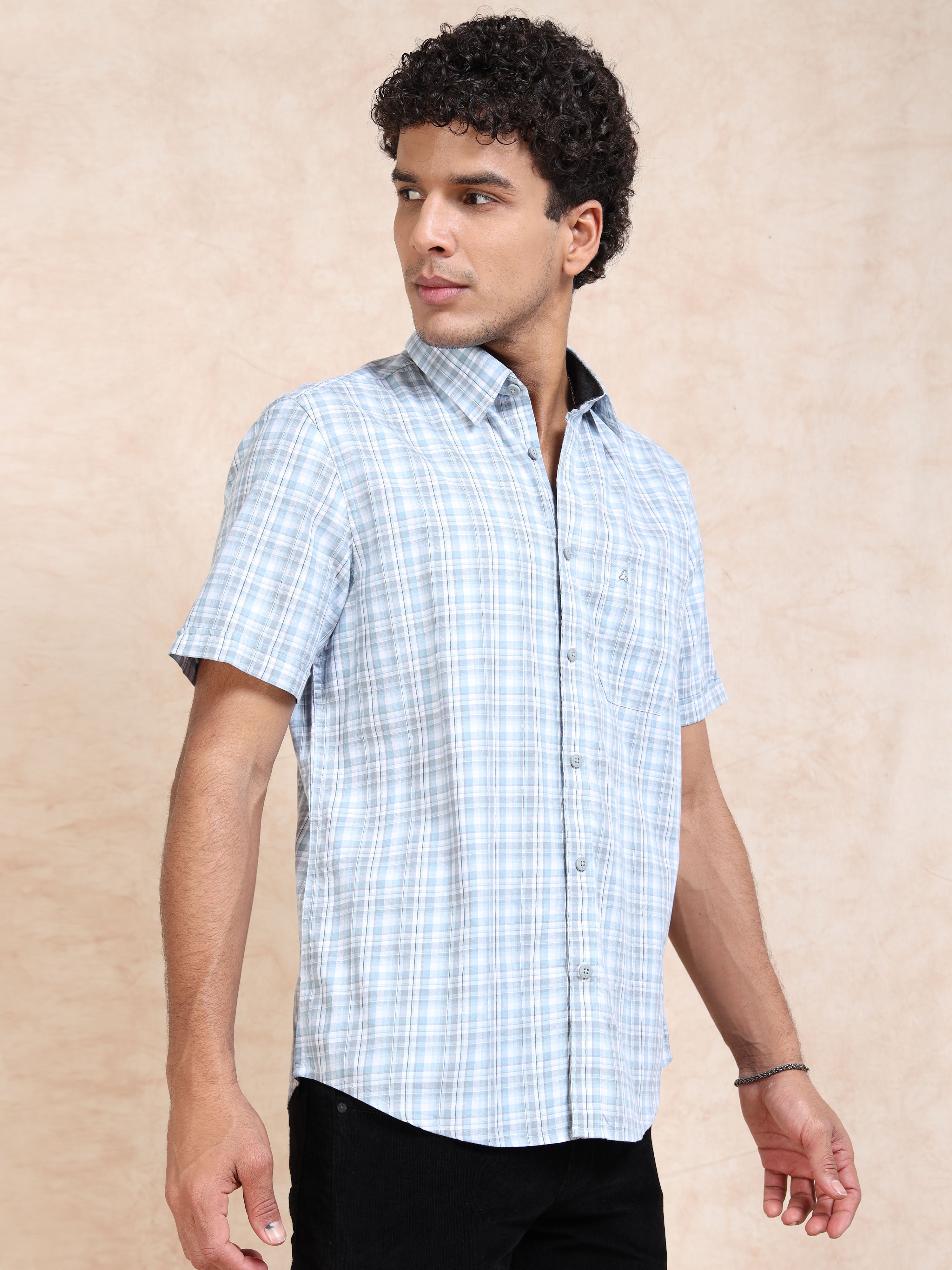 MEN'S LT.BLUE CHECKS SLIM FIT SHIRT