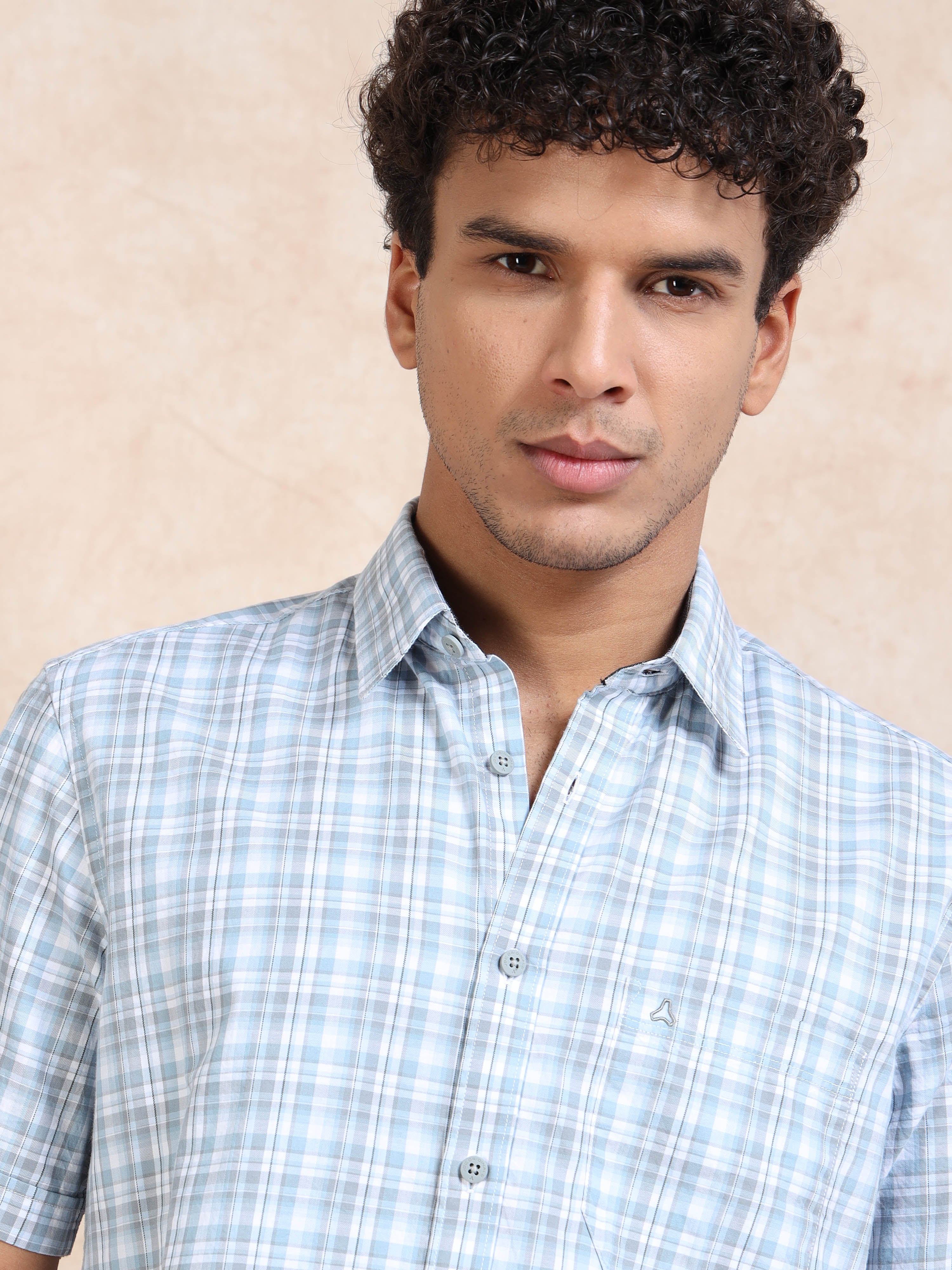MEN'S LT.BLUE CHECKS SLIM FIT SHIRT