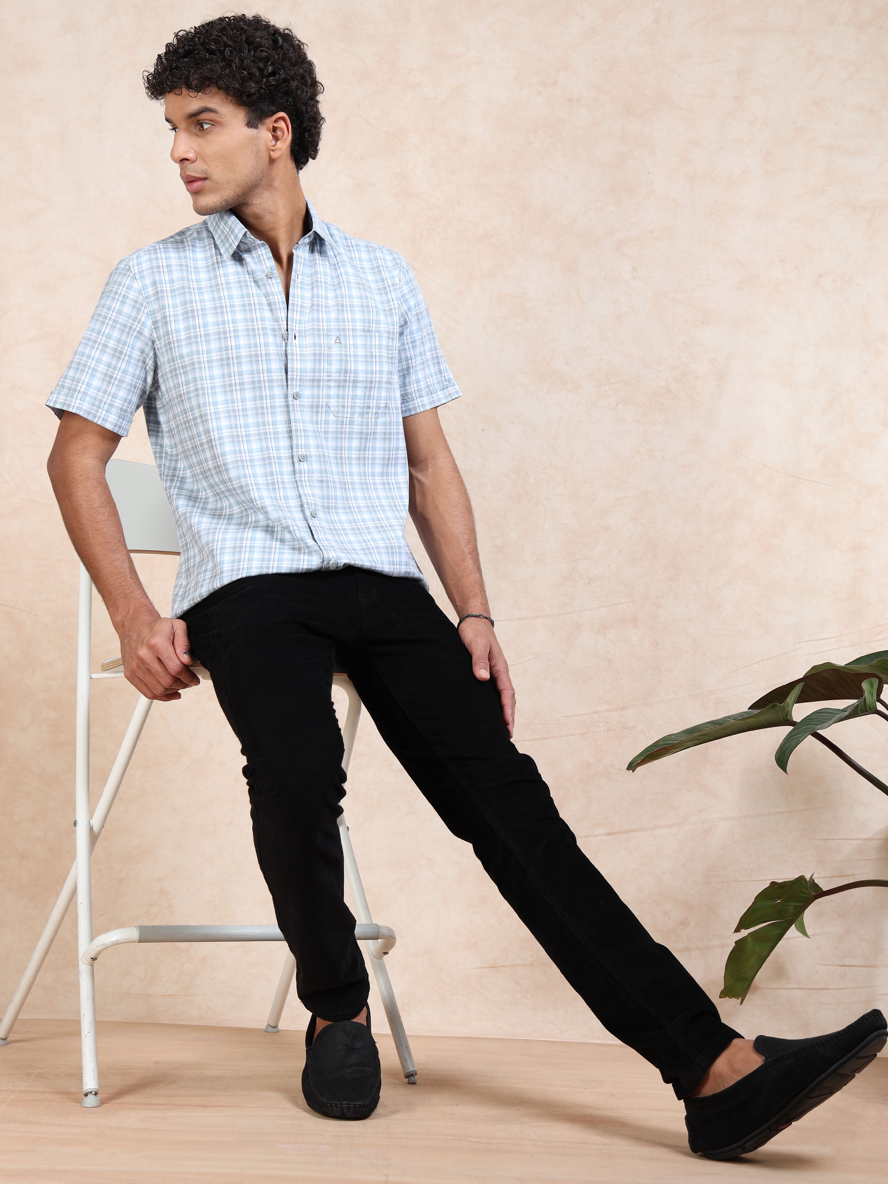 MEN'S LT.BLUE CHECKS SLIM FIT SHIRT