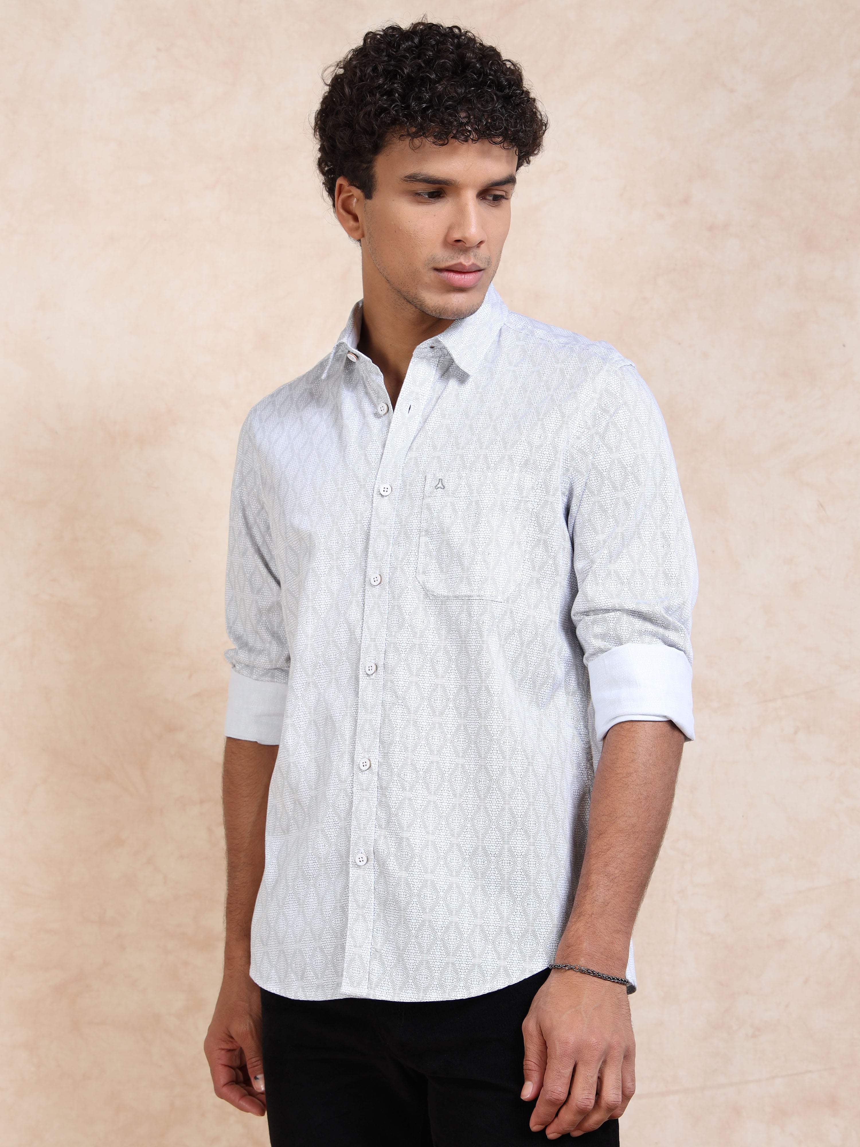 MEN'S WHITE PRINT SLIM FIT SHIRT
