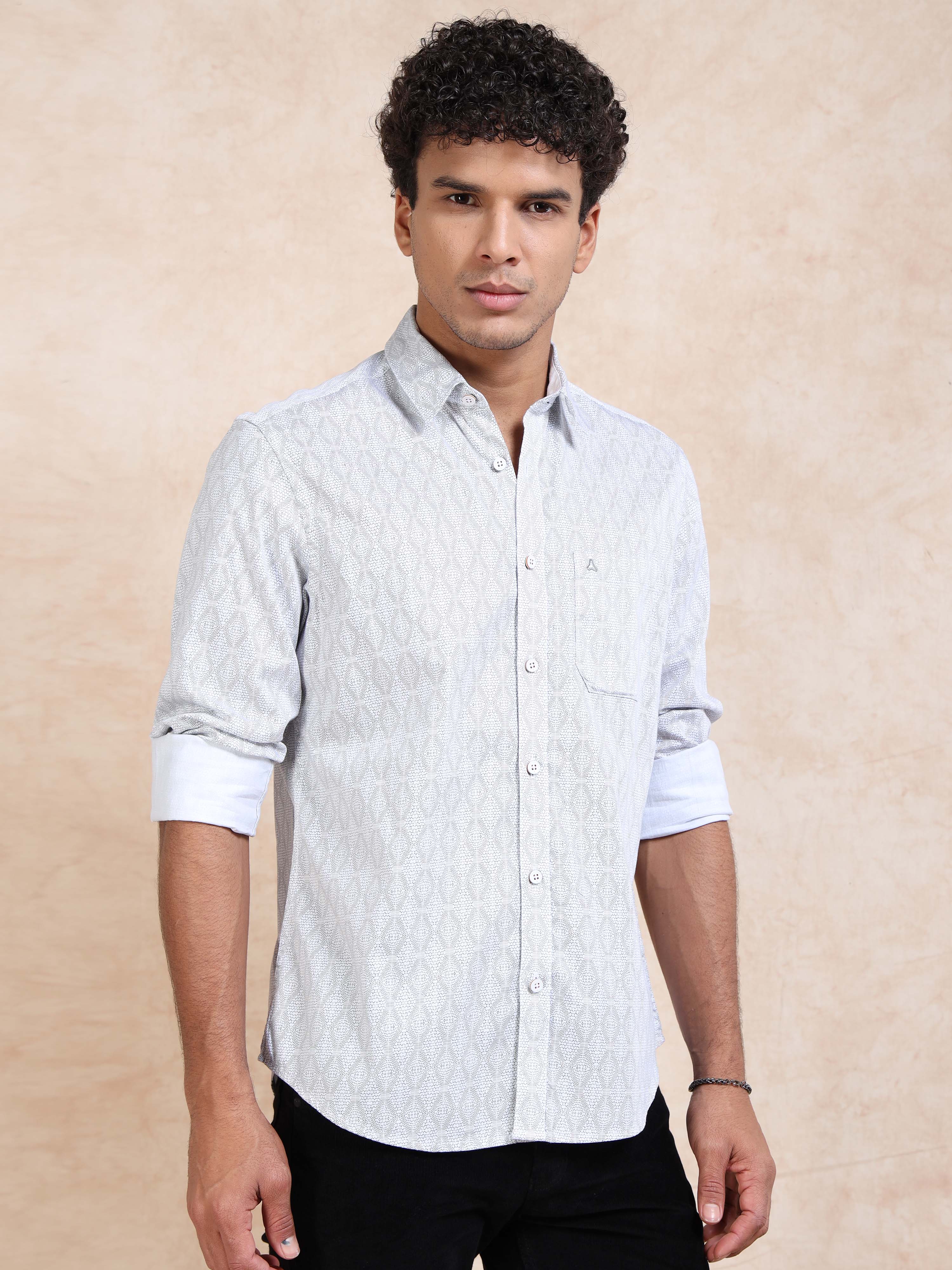 MEN'S WHITE PRINT SLIM FIT SHIRT