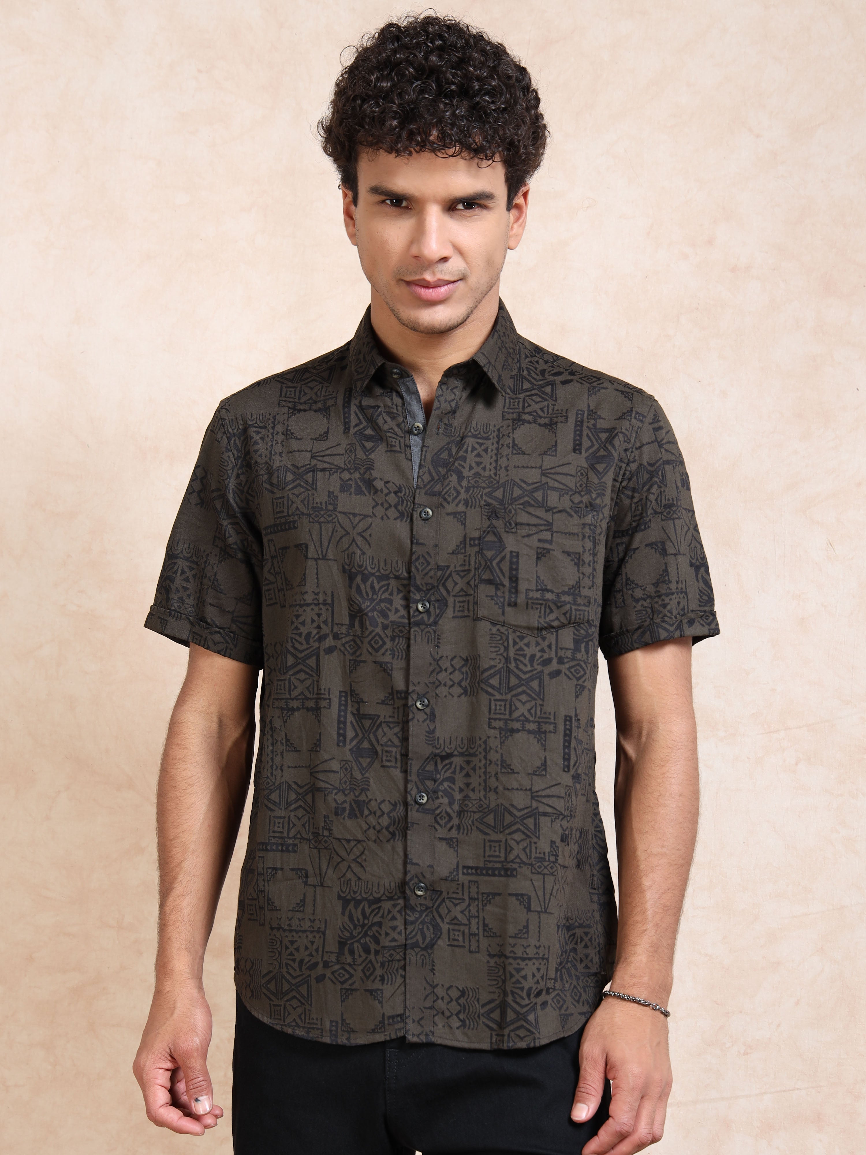 MEN'S GREEN SELF DESIGN SLIM FIT SHIRT