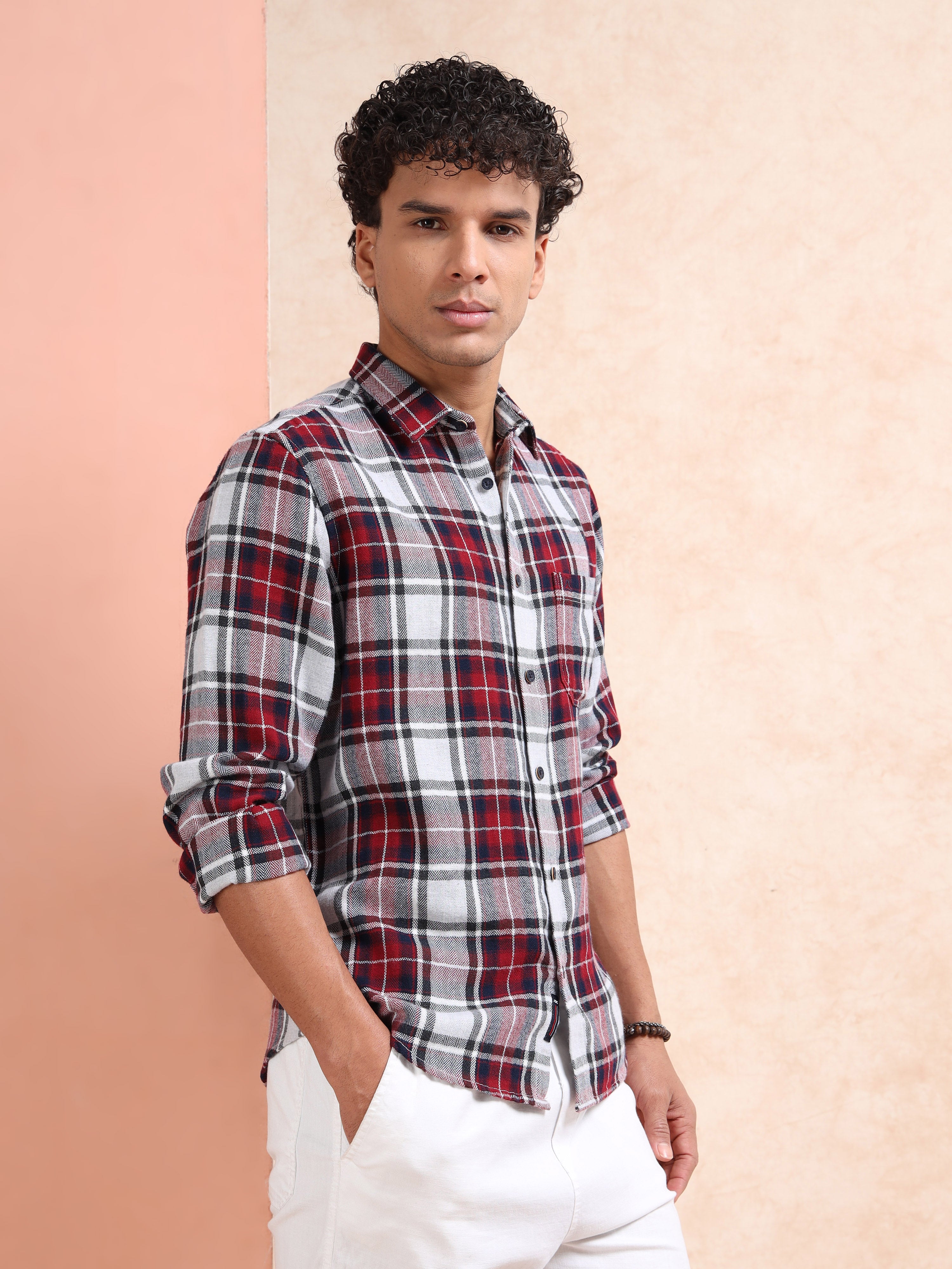 MEN'S MAROON CHECKS SLIM FIT SHIRT
